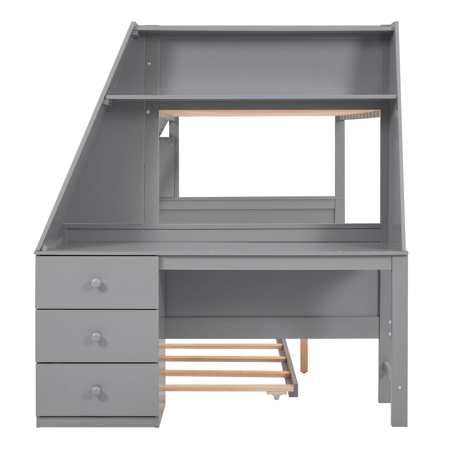 Enhanced Gray Twin over Full Bunk Bed with Trundle, Desk, and Storage