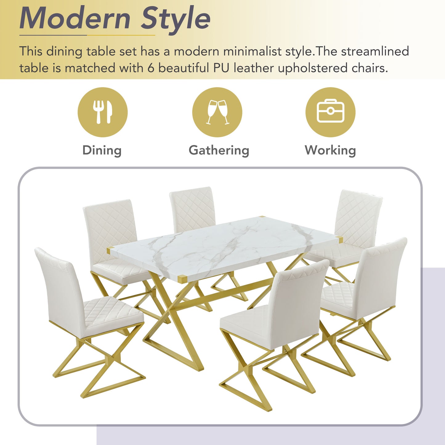 TREXM 7-Piece Modern Dining Table Set, Rectangular Marble Texture Kitchen Table and 6 PU leather Chairs with X-Shaped Gold Steel Pipe Legs for Dining Room (White)