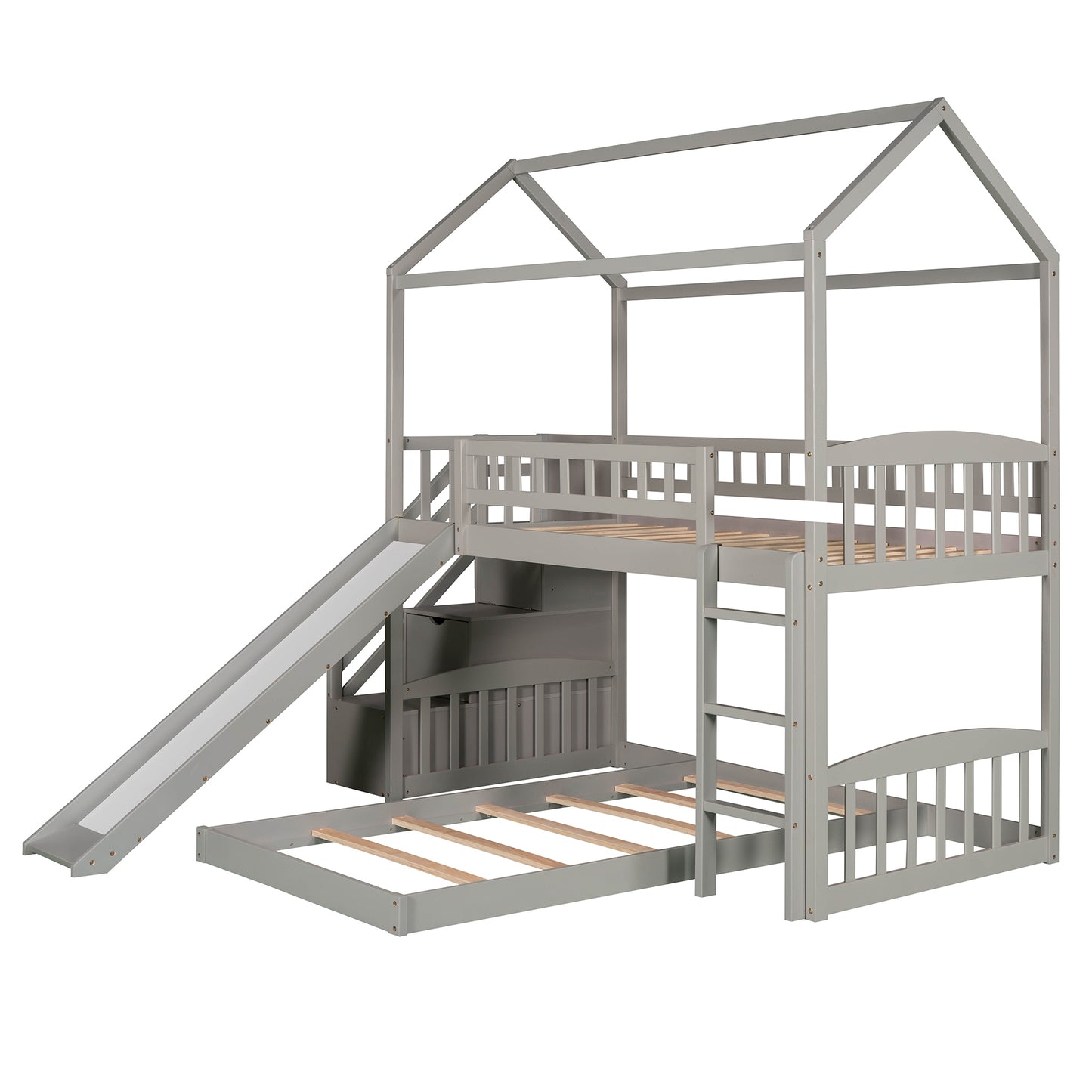 White House Design Twin Over Twin Bunk Bed with Slide and Storage Steps