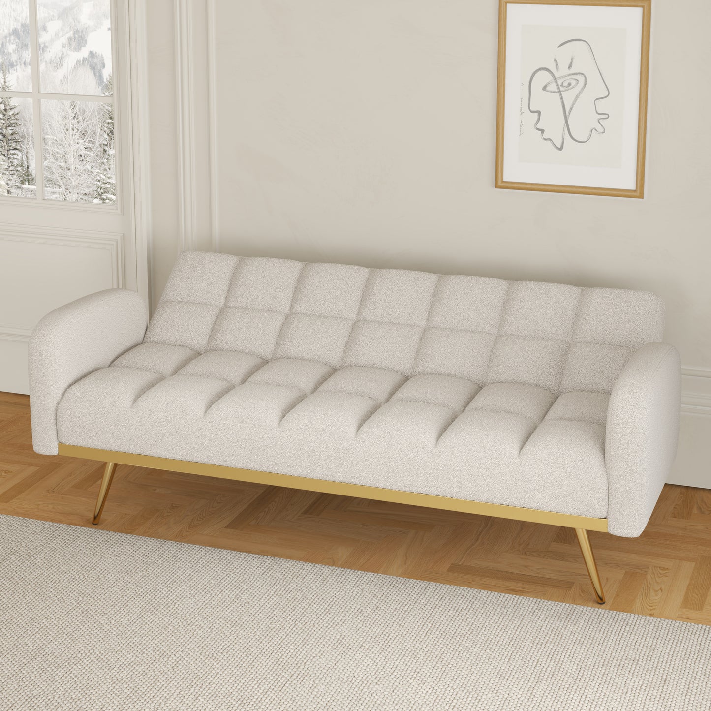 69-Inch Beige Sofa Bed with Adjustable Sofa, Teddy Fleece, and 2 Throw Pillows