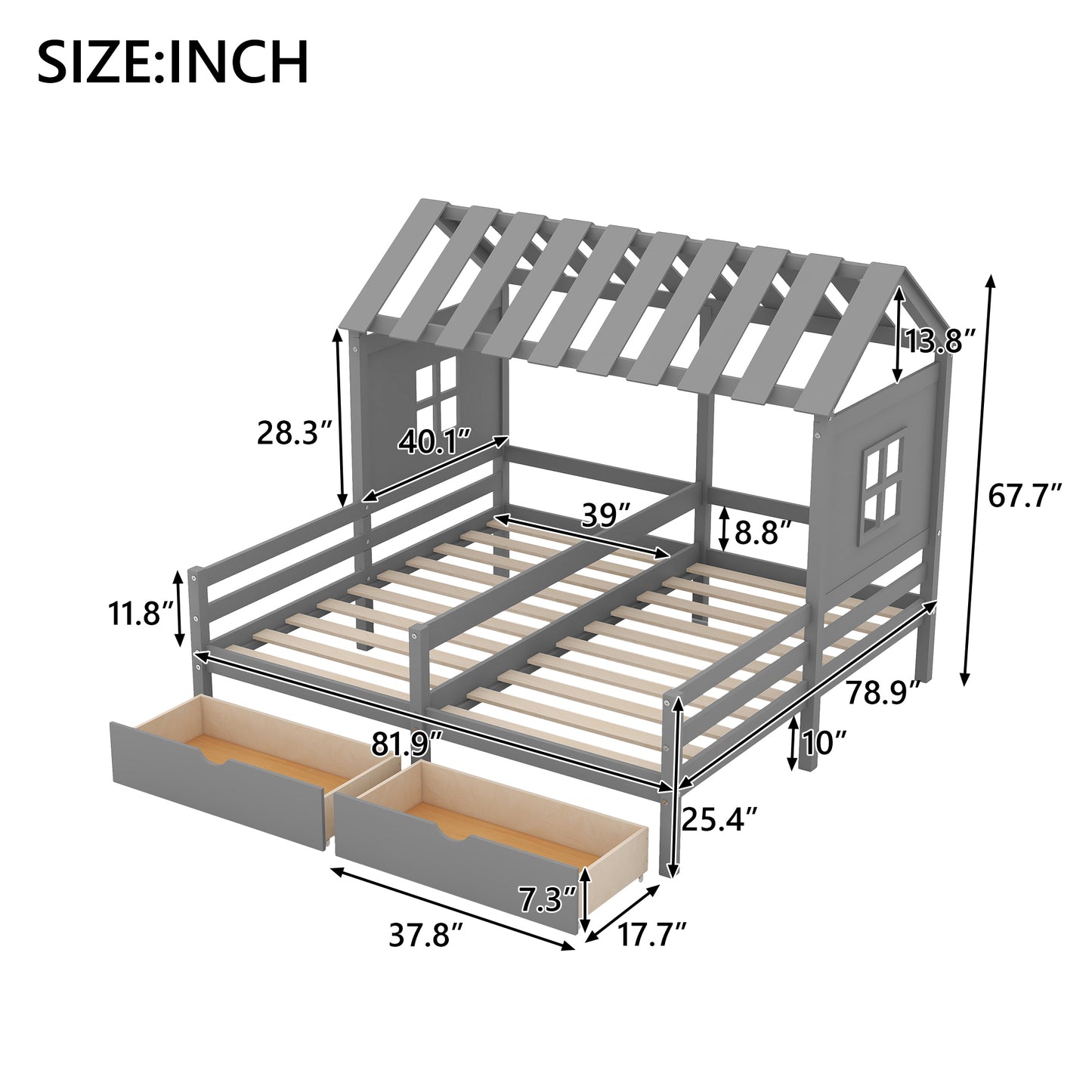 Twin Size House Platform Beds with Two Drawers for Boy and Girl Shared Beds, Combination of 2 Side by Side Twin Size Beds, Gray(: GX000927AAE)(Expected Arrival Time: 1.17)