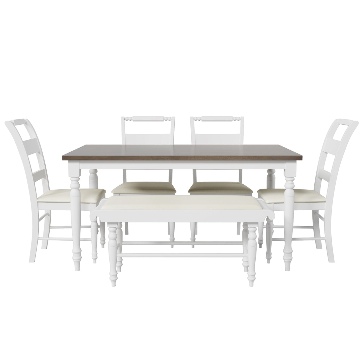 6-peice Dining Set with Turned Legs, Kitchen Table Set with Upholstered Dining Chairs and Bench,Retro Style, White