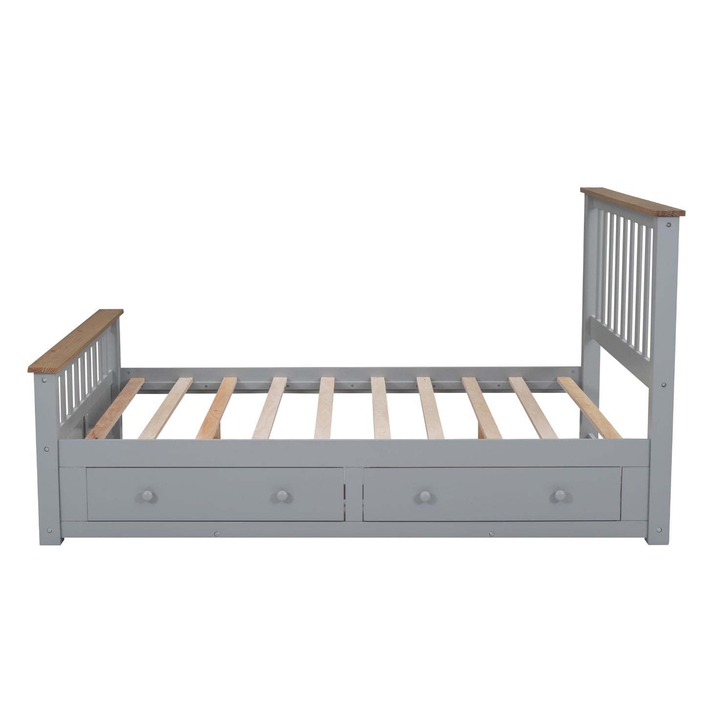 Full Size Wood Platform Bed with Two Drawers and Wooden Slat Support,Gray+Natrual