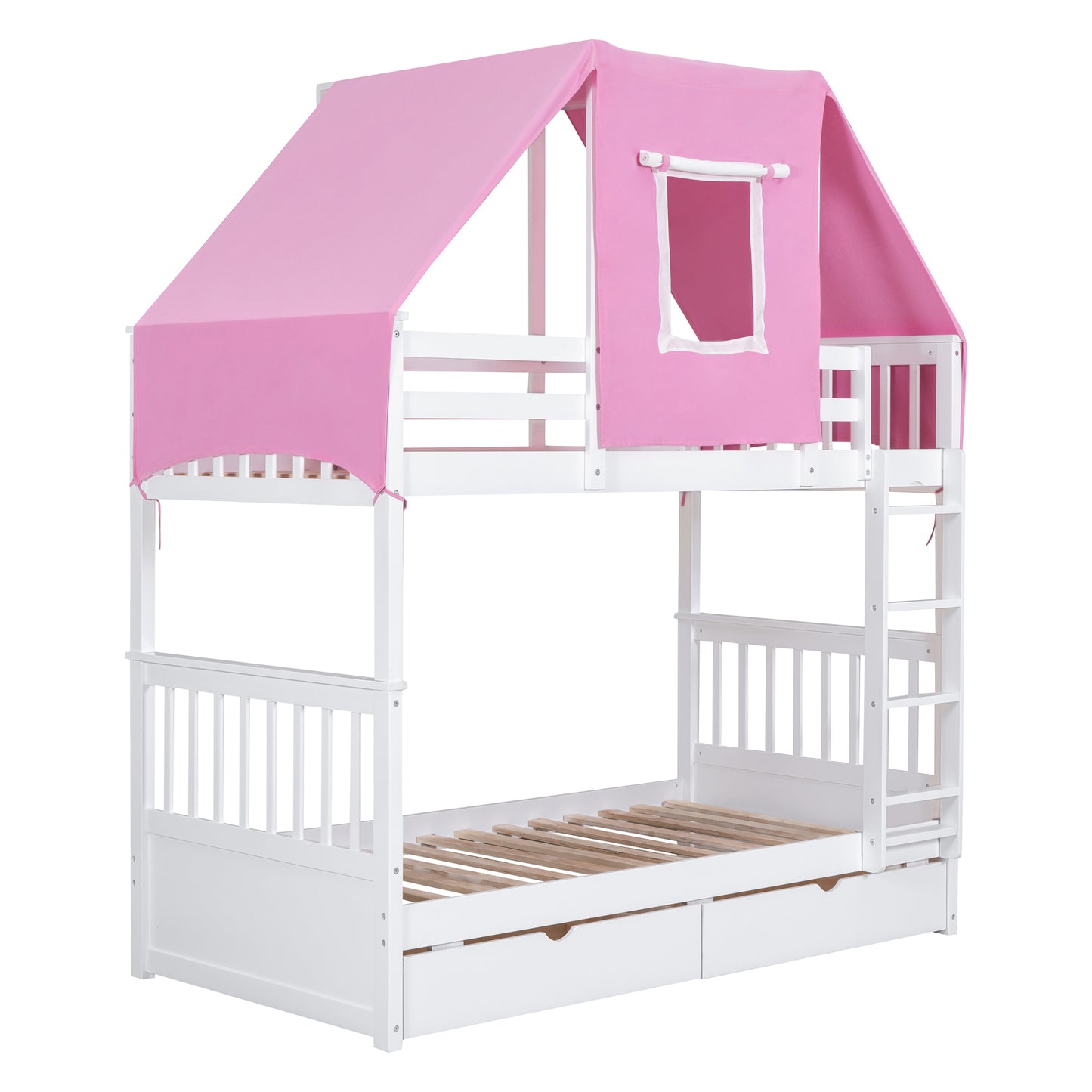 White and Pink Spacious Twin Bunk Bed with Playful Tent and Storage