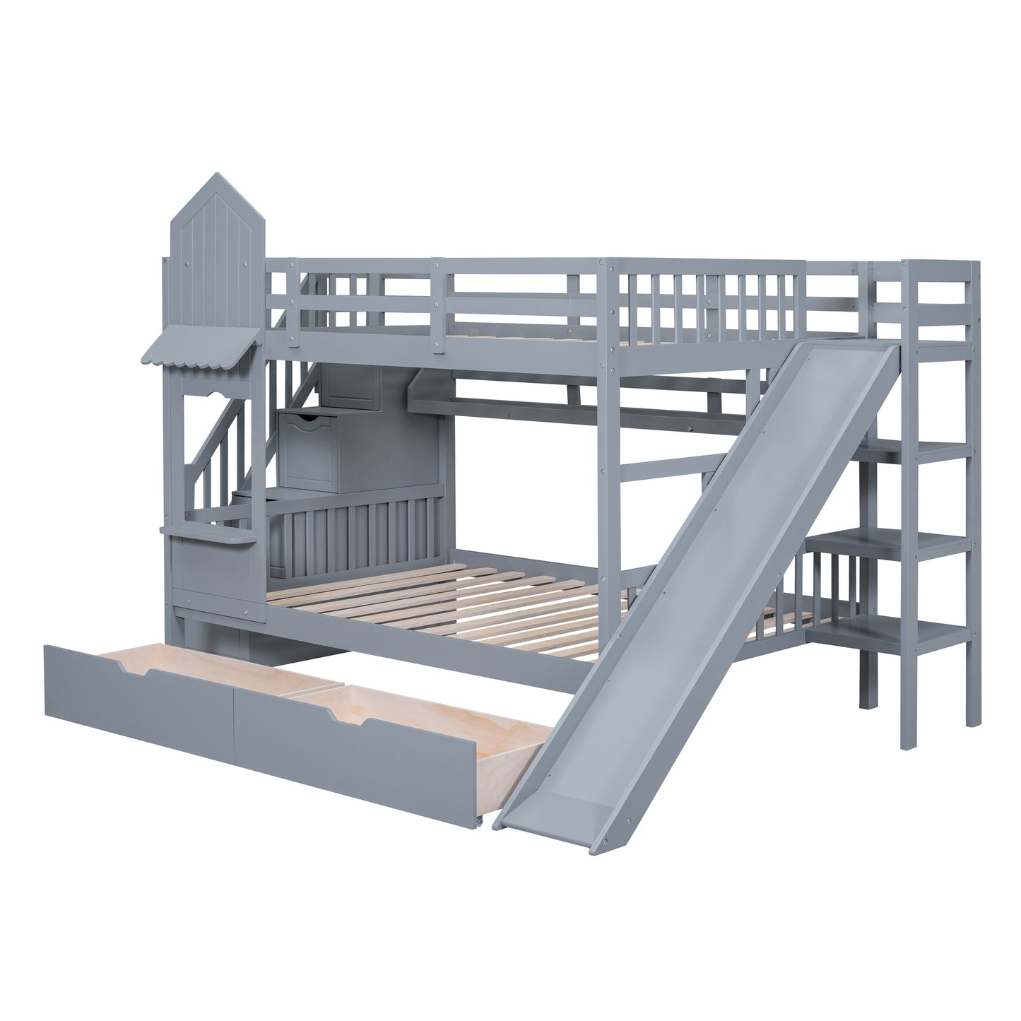 Castle Loft Bunk Bed with Slide, Drawers, and Shelves - Gray: Magical Castle Style Loft Bed with Slide, Drawers, and Shelves