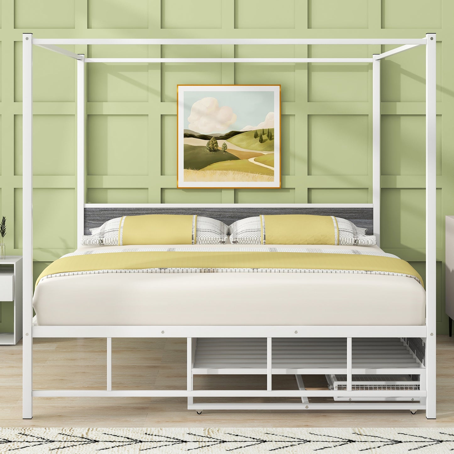 Queen Size Metal Canopy Platform Bed with Twin Size Trundle and 3 Storage Drawers, White