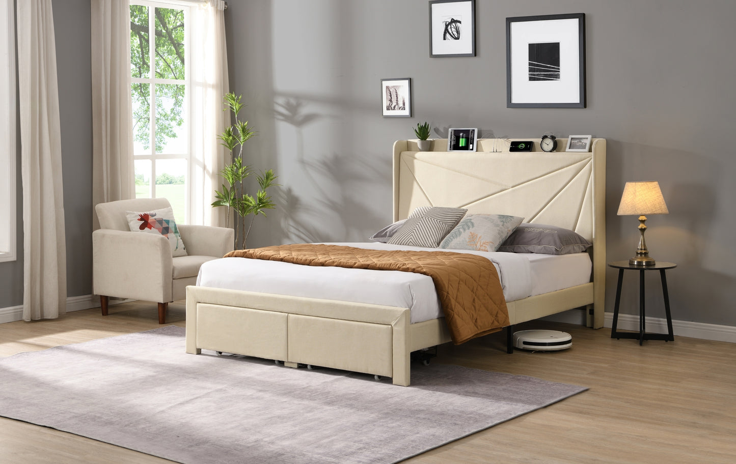 Full Size Bed Frame with 2 Storage Drawers, Upholstered Bed Frame with Wingback Headboard Storage Shelf Built-in USB Charging Stations and Strong Wood Slats Support, No Box Spring Needed, Beige