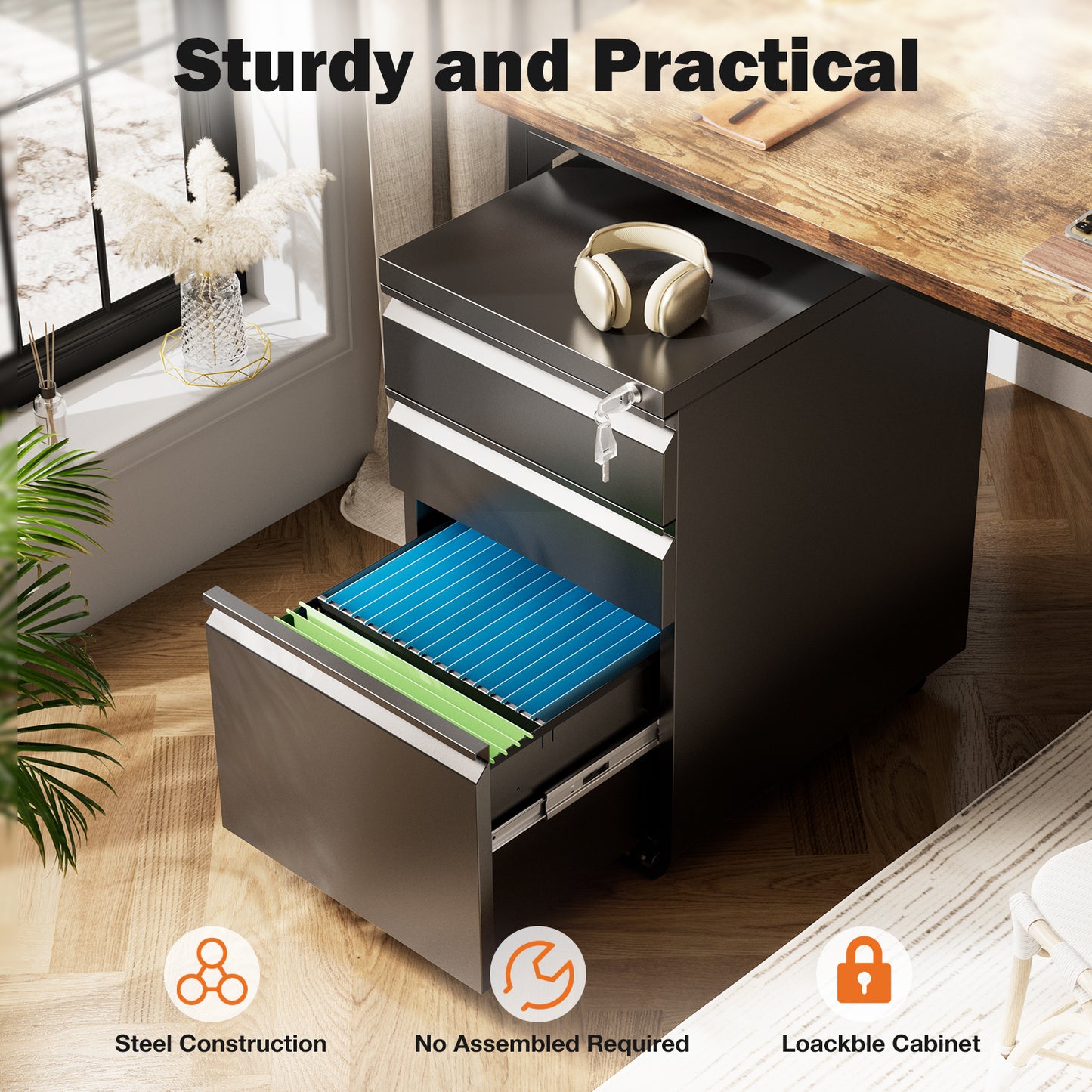 3-Drawer Mobile Rolling File Cabinet with Lock - Stylish and Functional Metal Filing Solution for Home Office