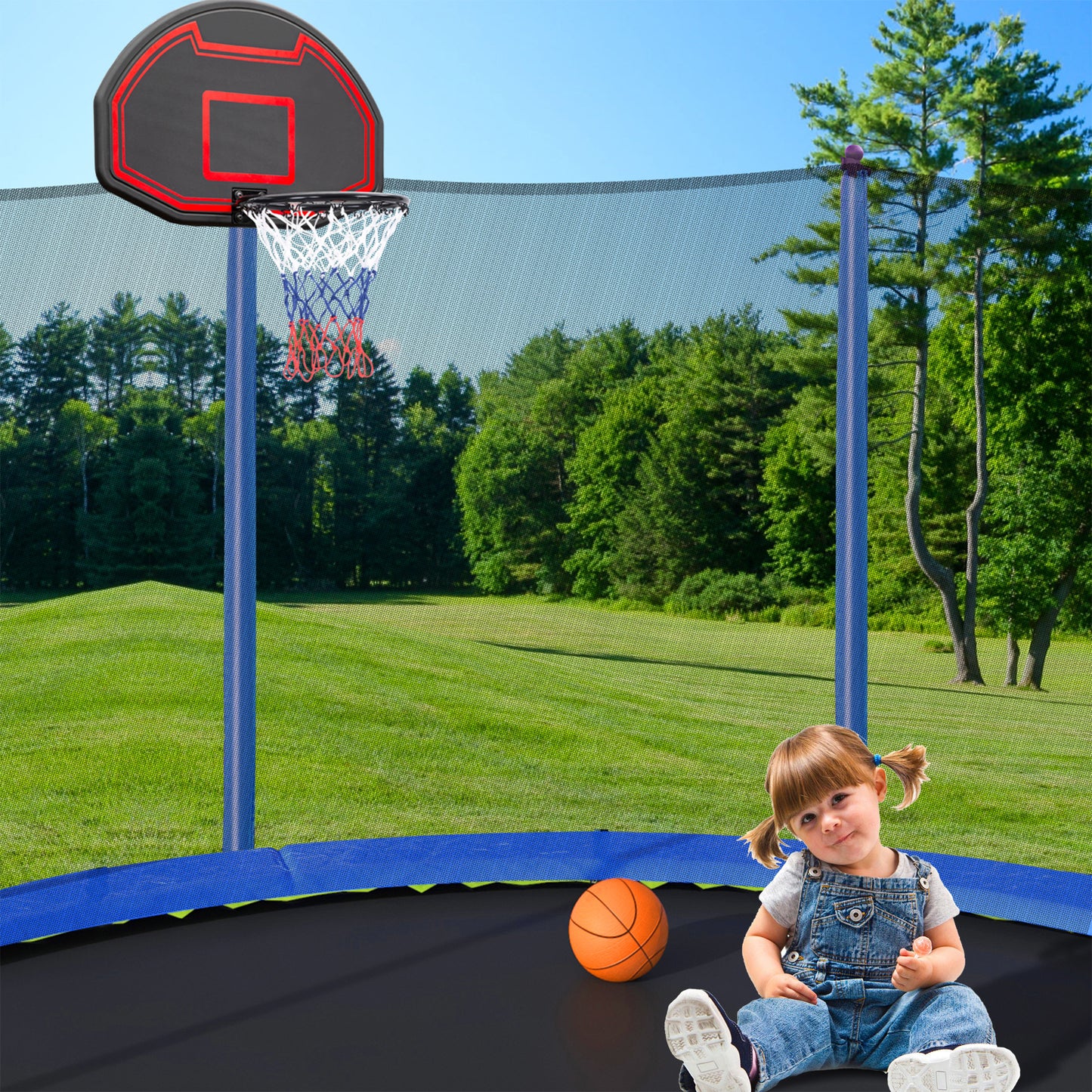 15FT Trampoline with Basketball Hoop Inflator and Ladder(Inner Safety Enclosure) Blue