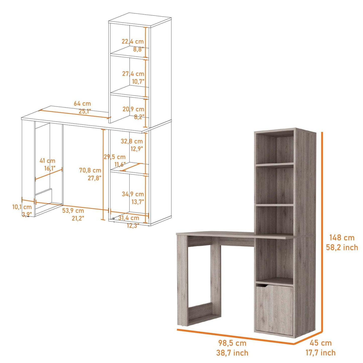 Broadmoor Computer Desk with 4-Shelf Bookcase and Cabinet in Light Gray Finish