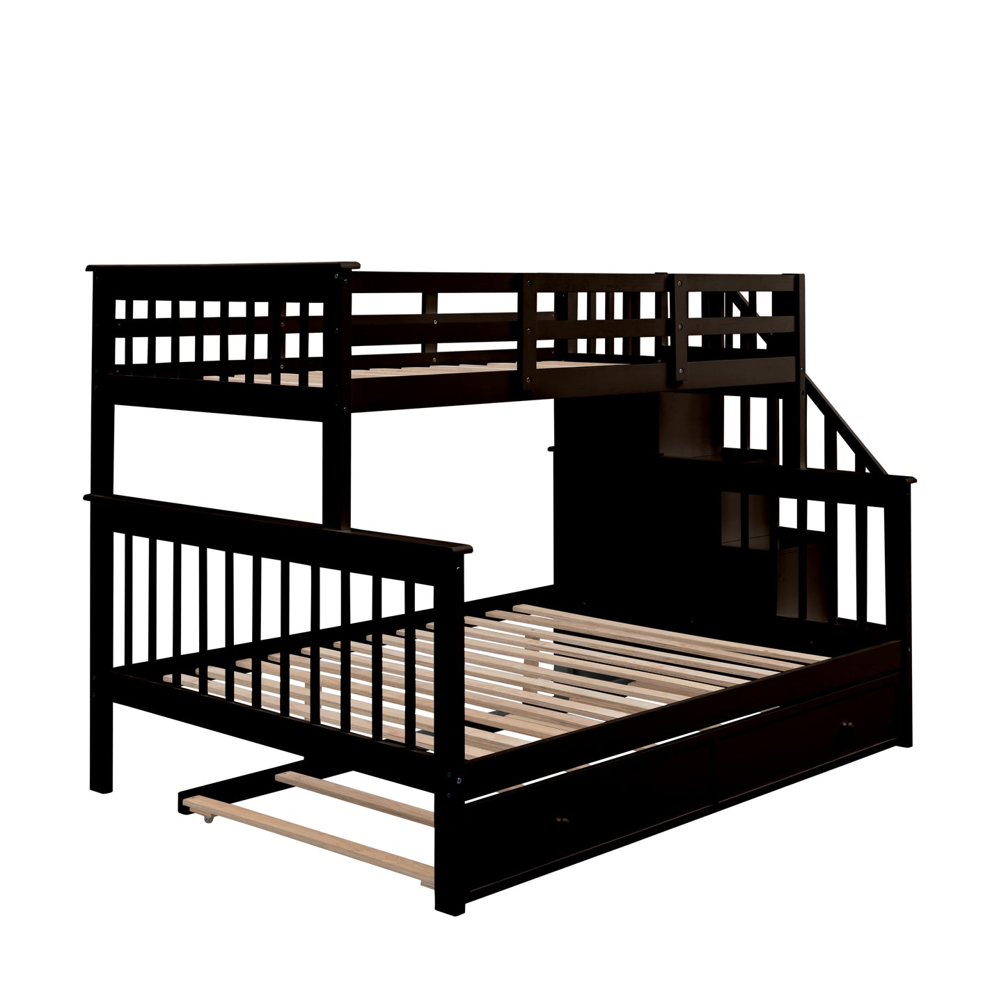 Stairway Bunk Bed with Storage, Trundle, and Guard Rail in Espresso Finish for Adults