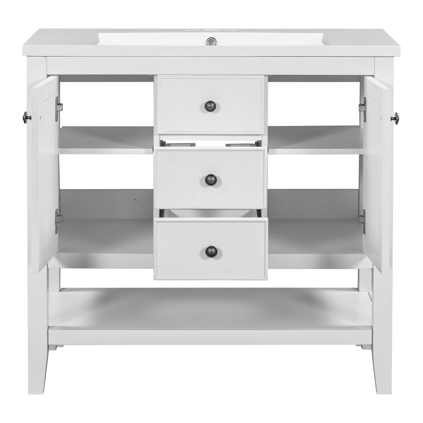 36" Bathroom Vanity with Ceramic Basin, Two Cabinets and Drawers, Open Shelf, Solid Wood Frame, White