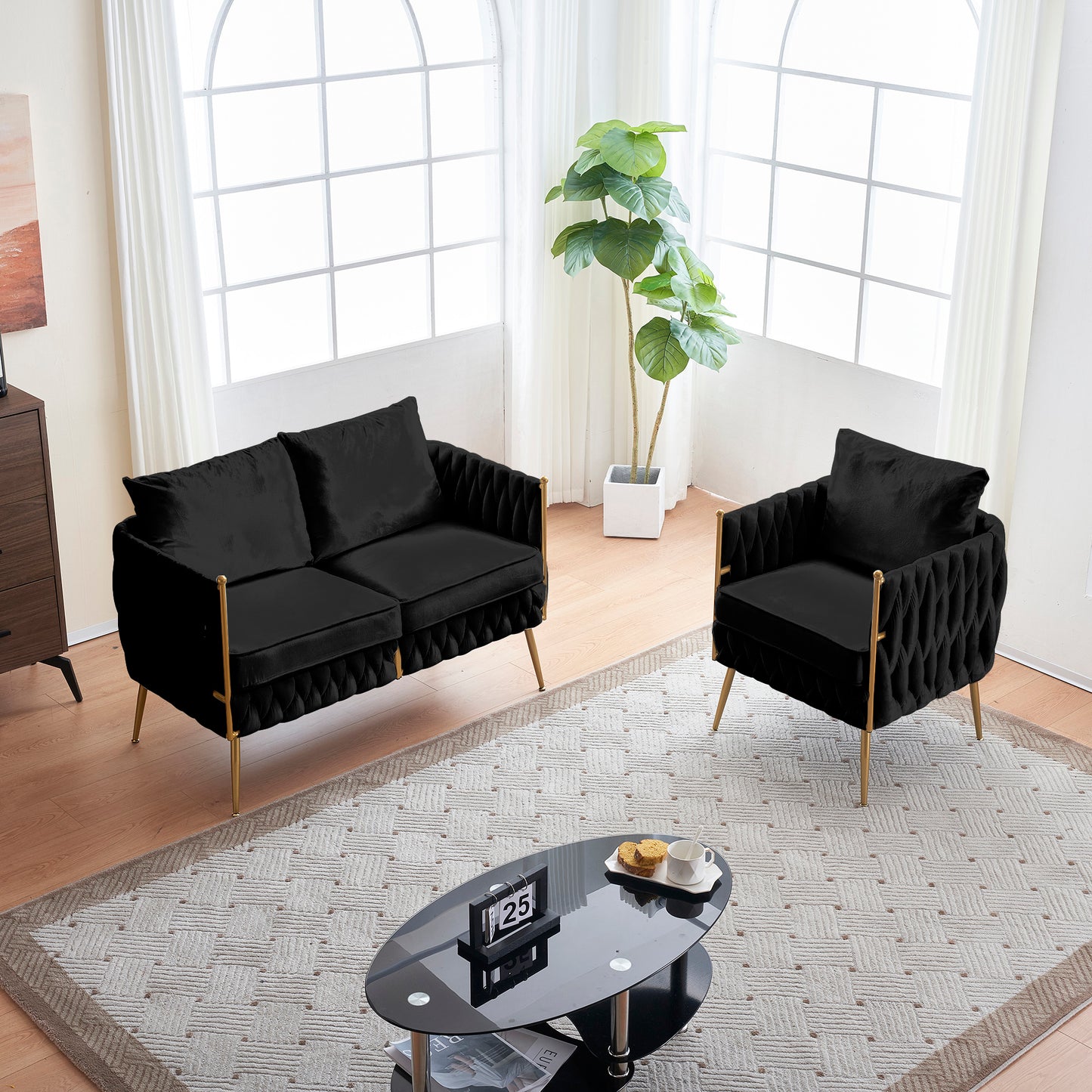 Stylish Handmade Woven Back Upholstered Sofa Set with 1 Accent Chair and 1 Loveseat Sofa, Modern Sofa Set for Living Room And Small Living Spaces , Black Velvet