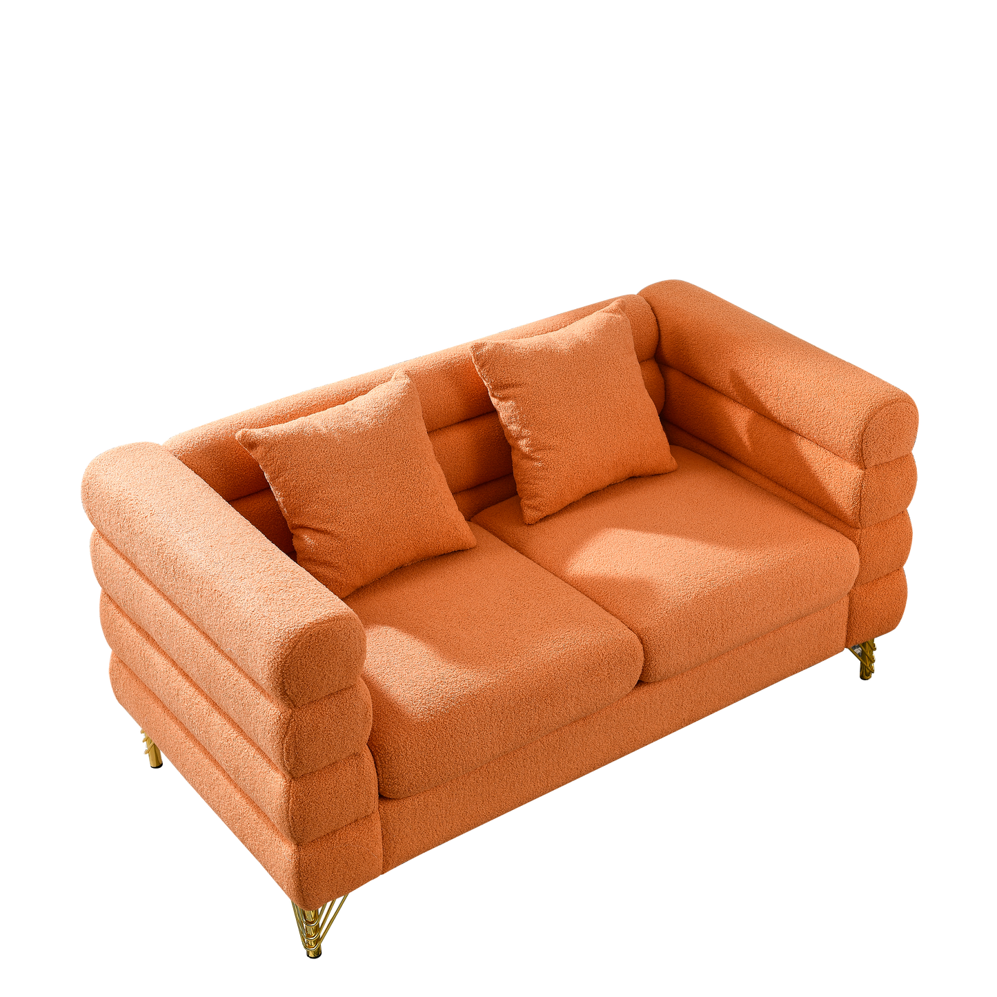 60-Inch Oversized 2-Seater Sectional Sofa in Orange Teddy Fabric with 2 Pillows