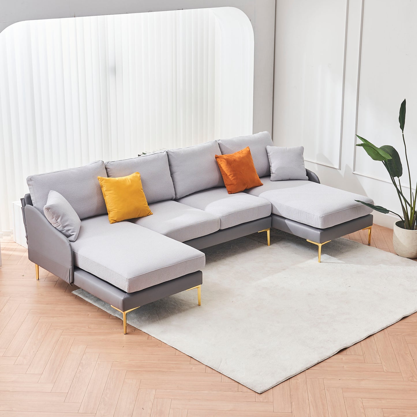 Modern large area Linen+Leathaire fabric color matching segmented sofa, ultra wide lounge chair, golden legs, U-shaped, double grey color