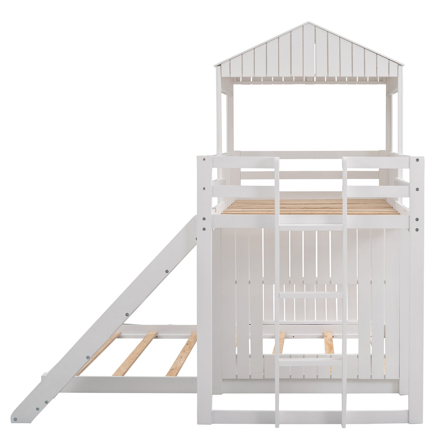 White Wooden Bunk Bed with Playhouse and Slide - Farmhouse Style