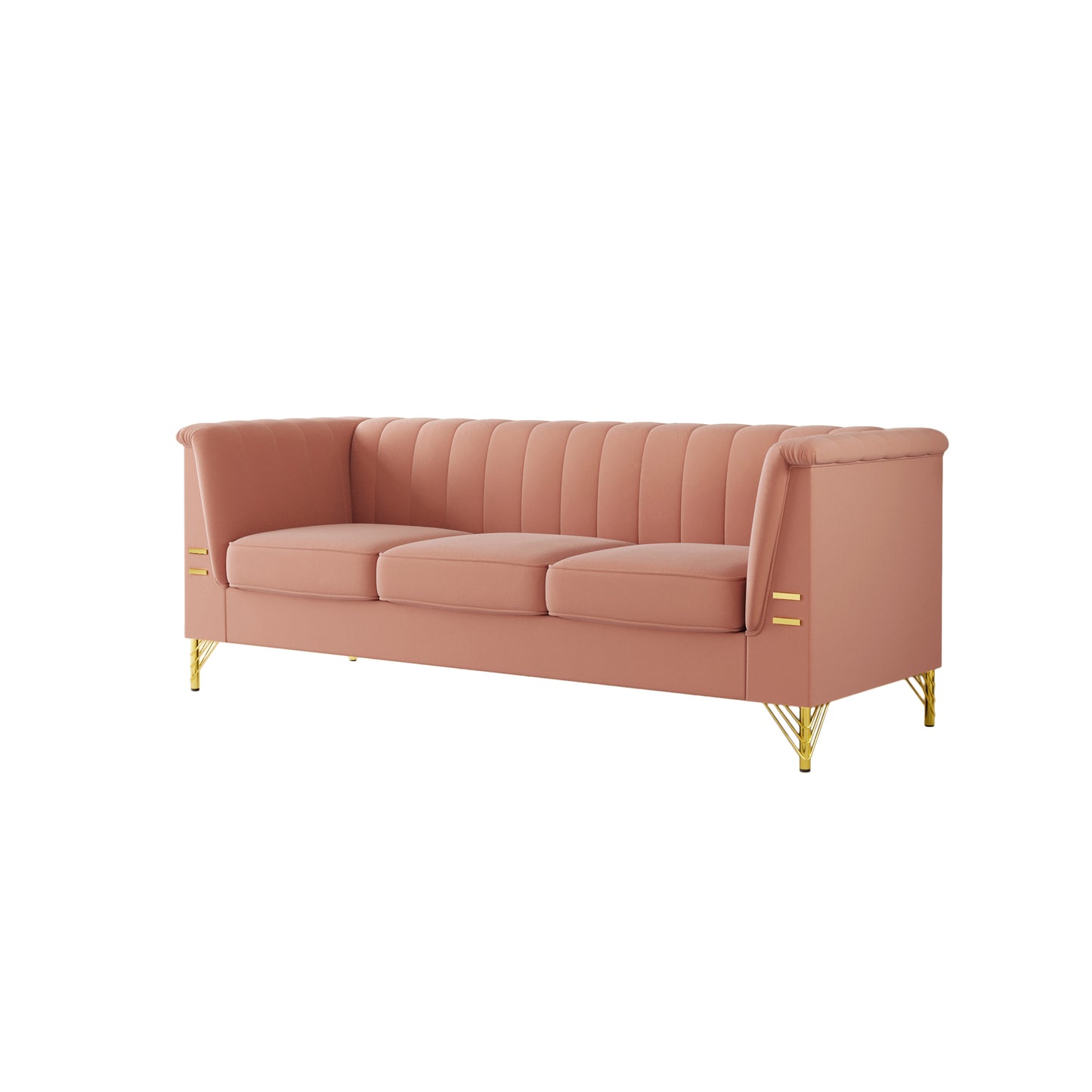 FX-P82-PK(SOFA)-Modern Designs Velvet Upholstered Living Room Sofa, 3 Seat Sofa Couch with  Golden Metal Legs for Home, Apartment or Office  Pink SOFA