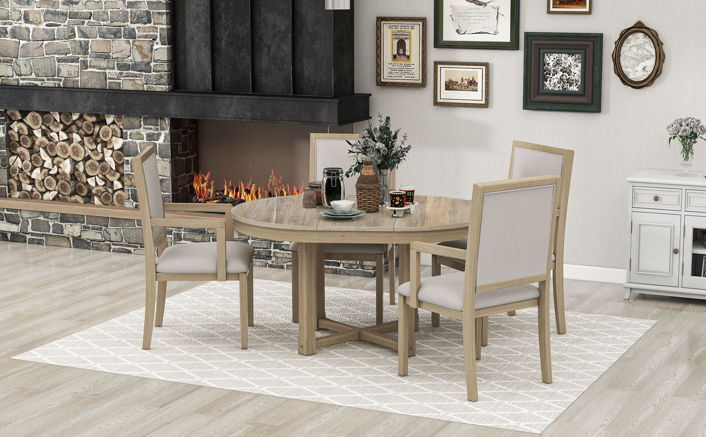 TREXM 5-Piece Dining Table Set, Two-Size Round To Oval Extendable Butterfly Leaf Wood Dining Table and 4 Upholstered Dining Chairs with Armrests (Natural Wood Wash)