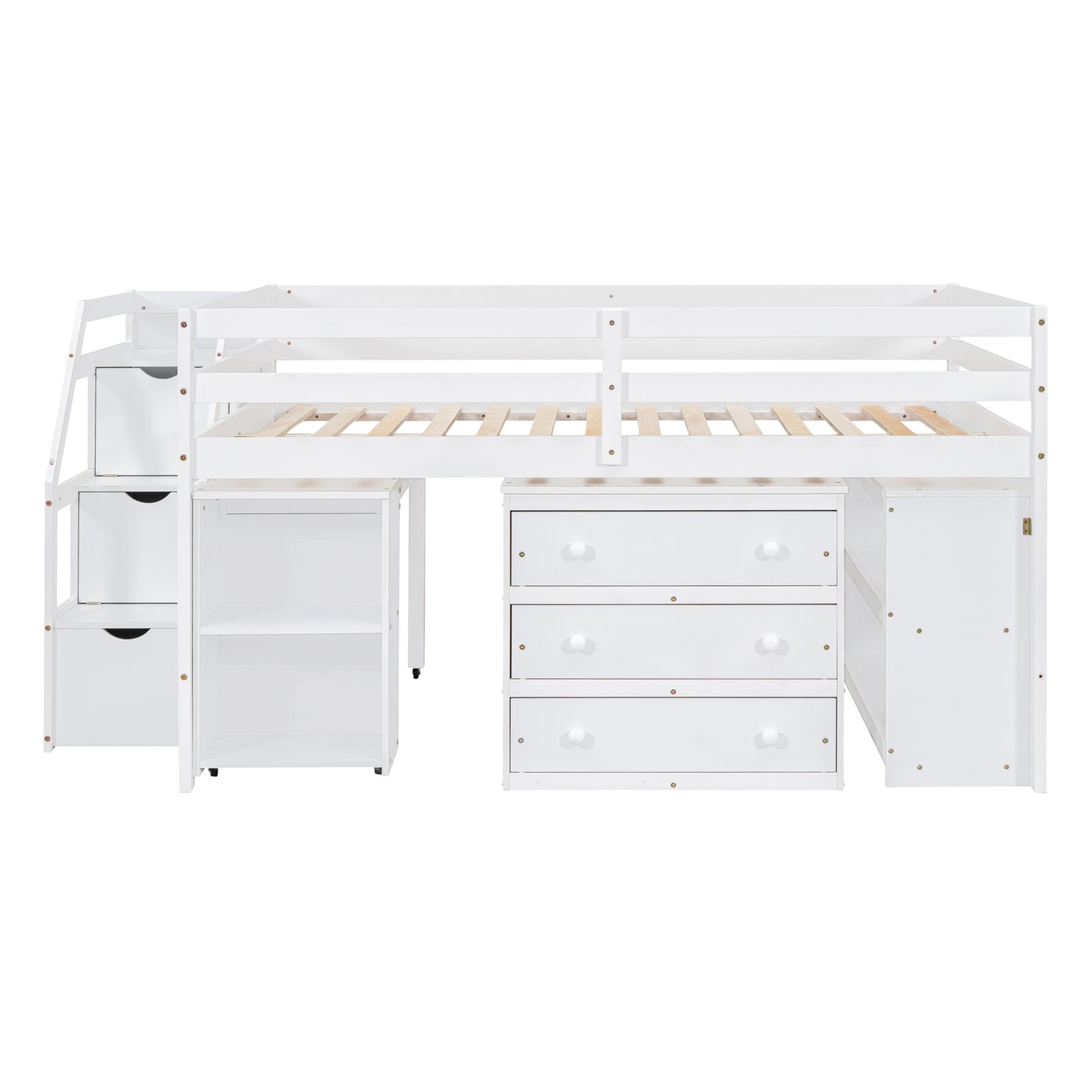 Full Size Loft Bed with Retractable Writing Desk and 3 Drawers, Wooden Loft Bed with Storage Stairs and Shelves, White