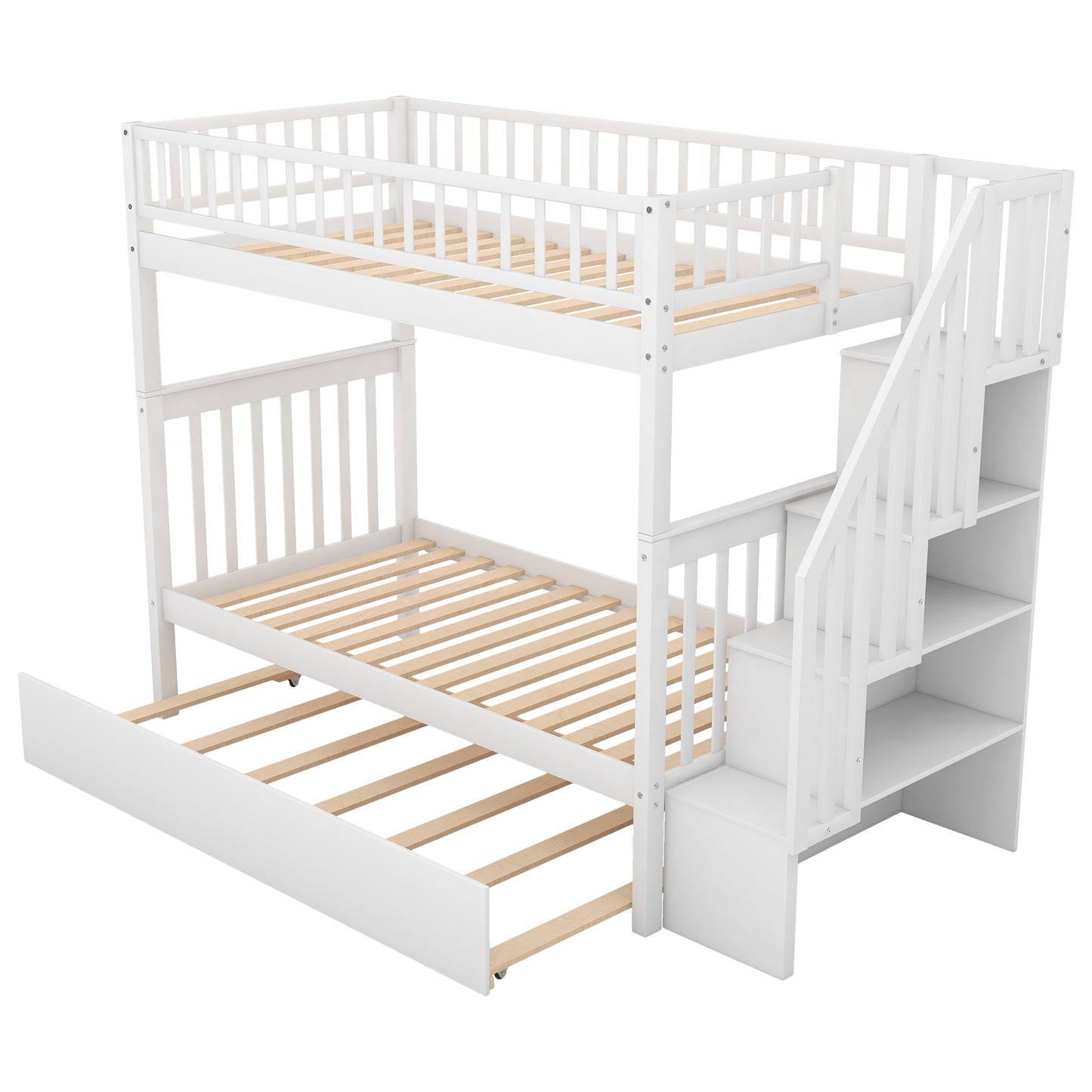 White Twin Bunk Bed with Trundle, Storage, and Convertible Design