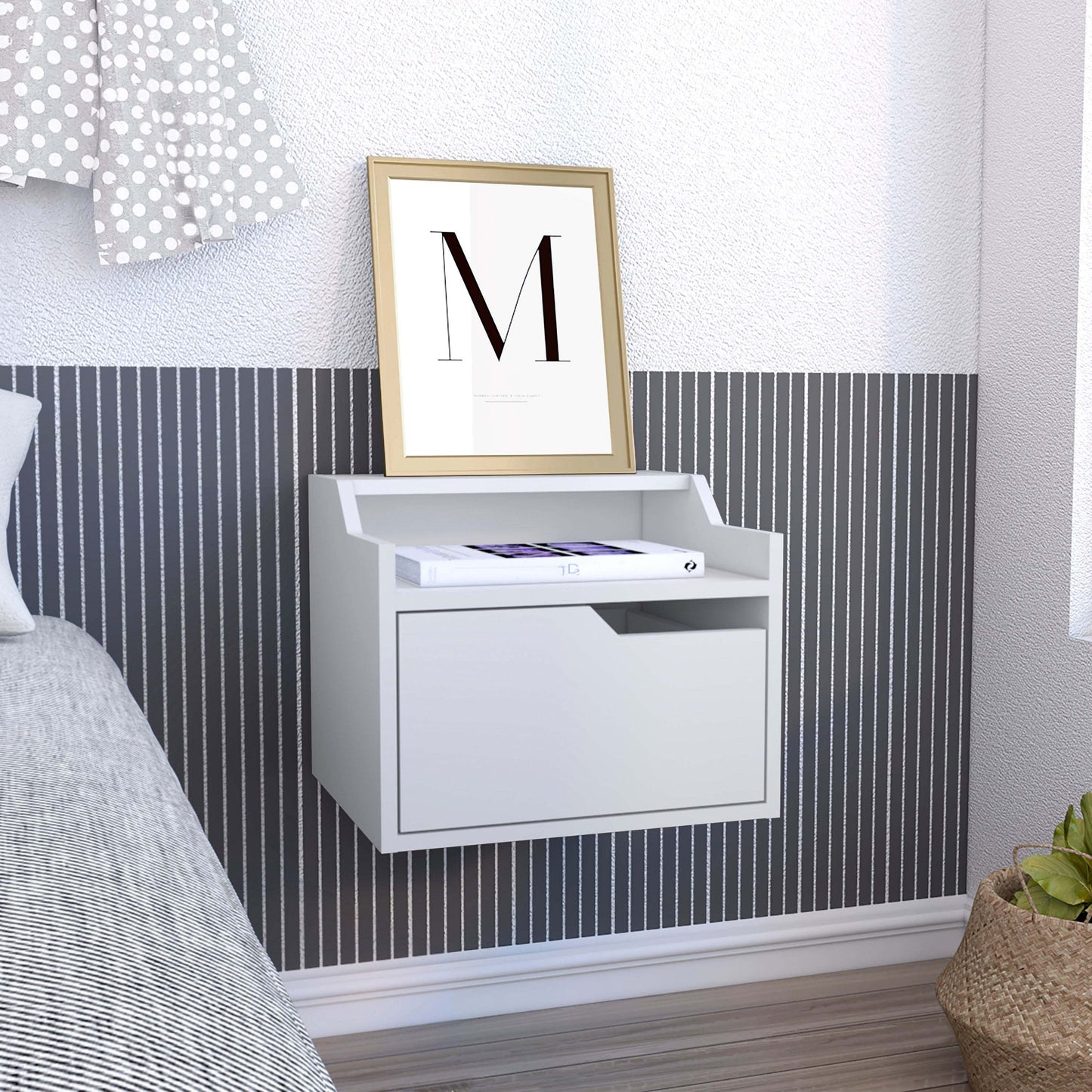 Busan Modern Floating Nightstand, Single-Drawer Design with Sleek Two-Tiered Top Shelf Surfaces- White - Bedroom