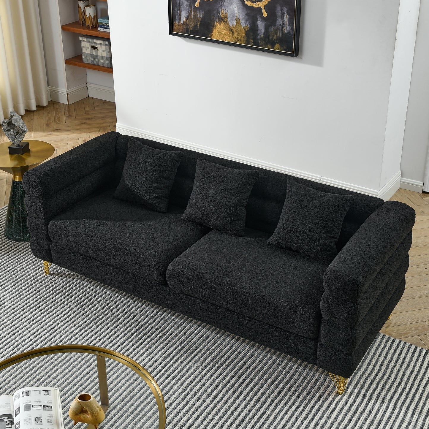 81 Inch Black Teddy Fabric 3-Seater Sectional Sofa with Lumbar Pillows