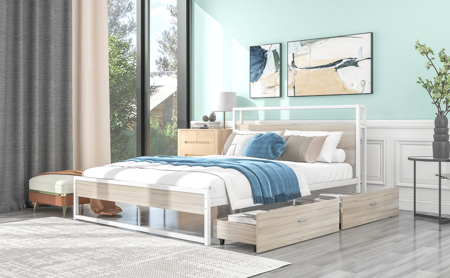 Queen Size Metal Platform Bed Frame with Two Drawers,Sockets and USB Ports ,Slat Support No Box Spring Needed  White