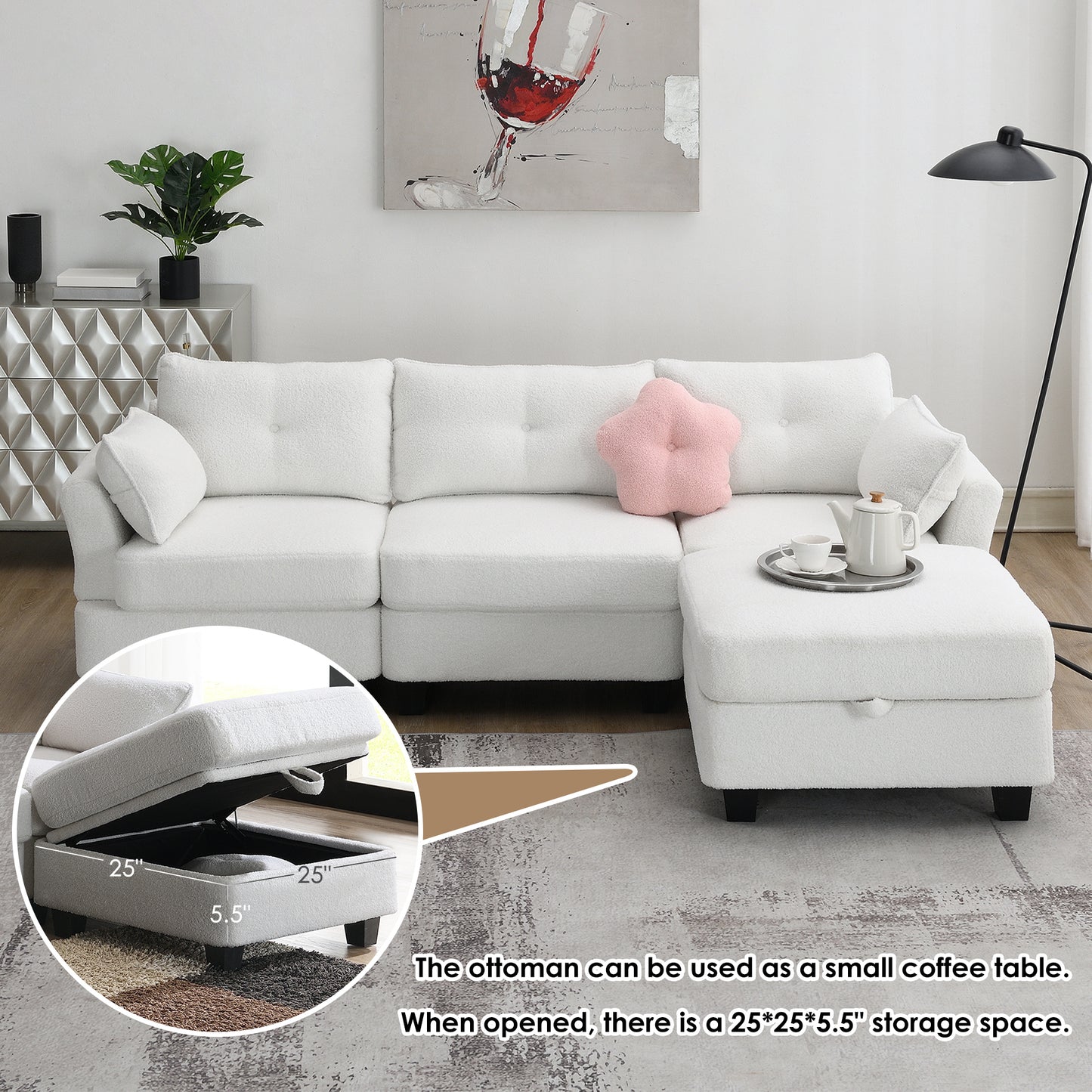 Luxurious Modern Teddy Velvet L-Shaped Sectional Sofa with Charging Ports and Storage Ottoman