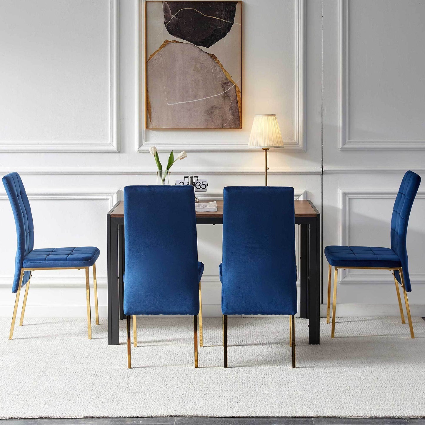 5-Piece Dining Set Including Blue Velvet High Back Golden Color Legs Nordic Dining Chair & Creative Design MDF Dining Table