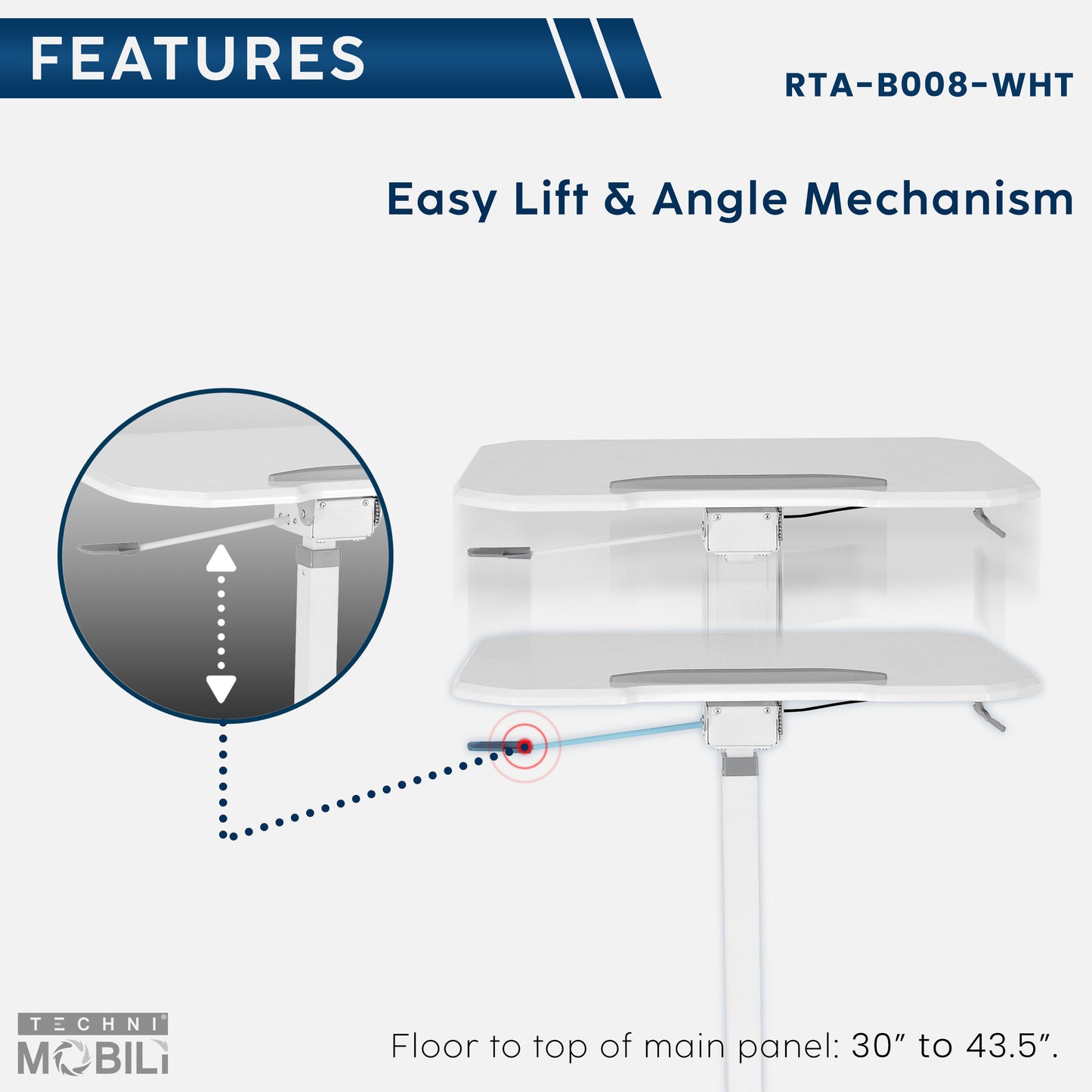 Adjustable White Laptop Stand with Tilt Tabletop and Rolling Mechanism