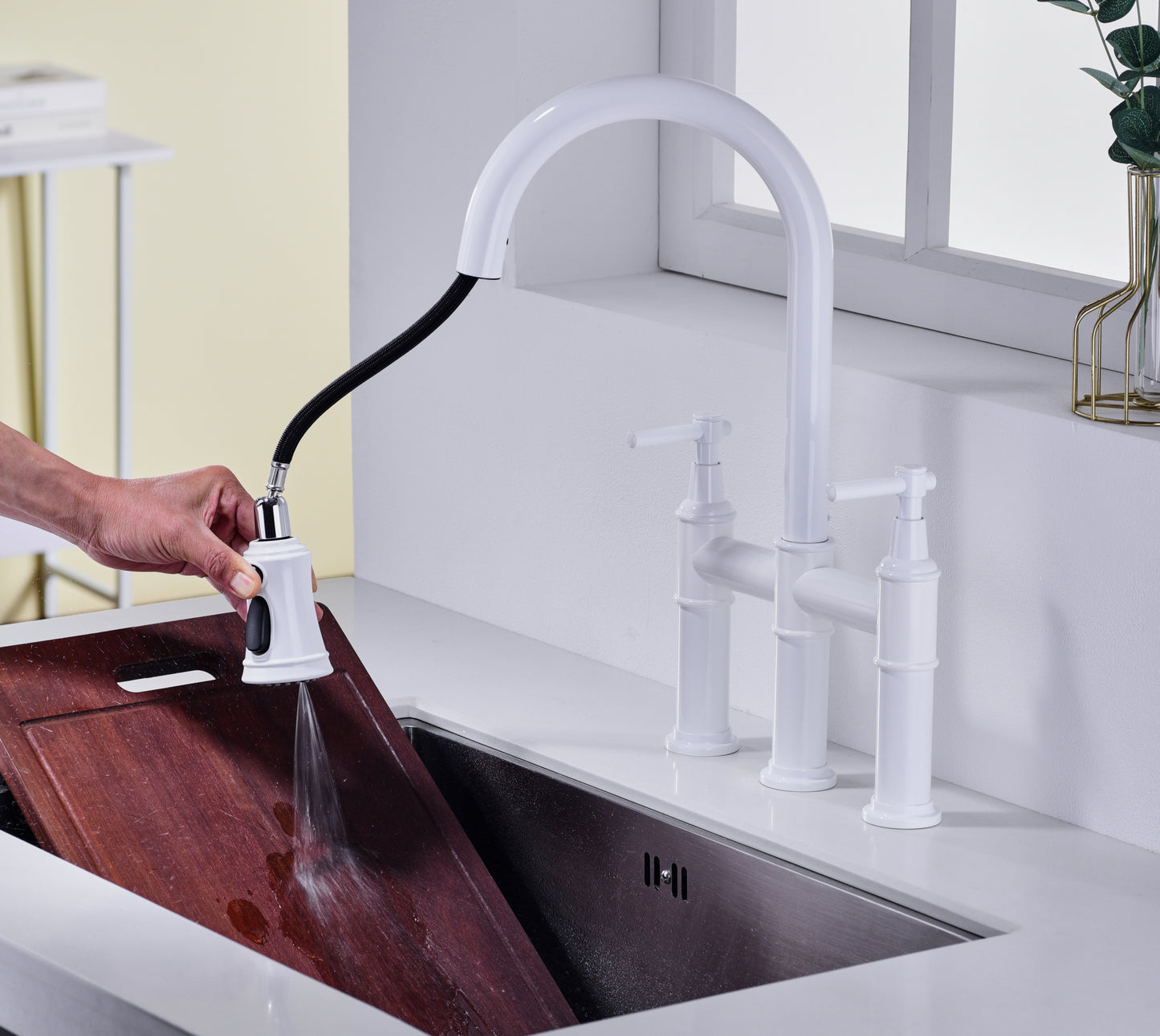 Bridge Kitchen Faucet with Pull-Down Sprayhead in Spot