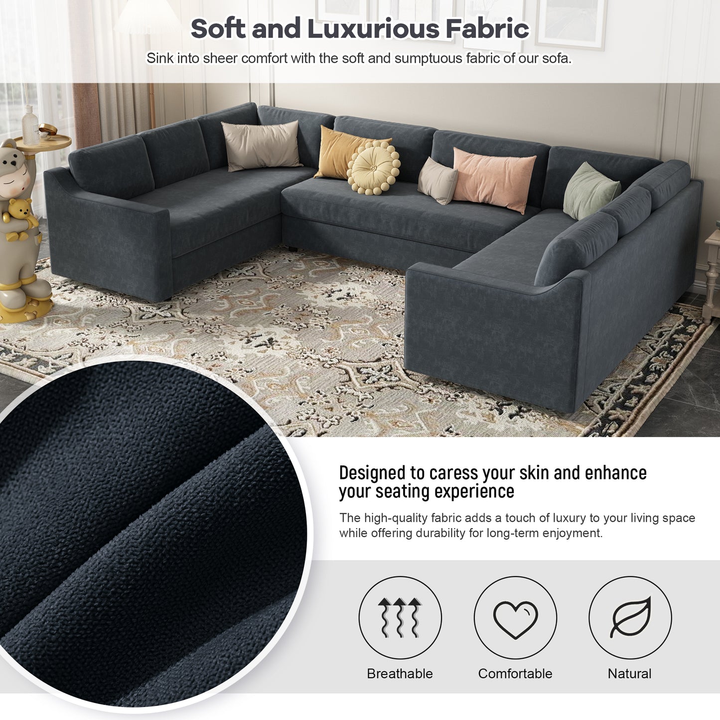 U_Style 3 Pieces Upholstered U-Shaped Large Sectional Sofa with Thick Seat and Back cushions