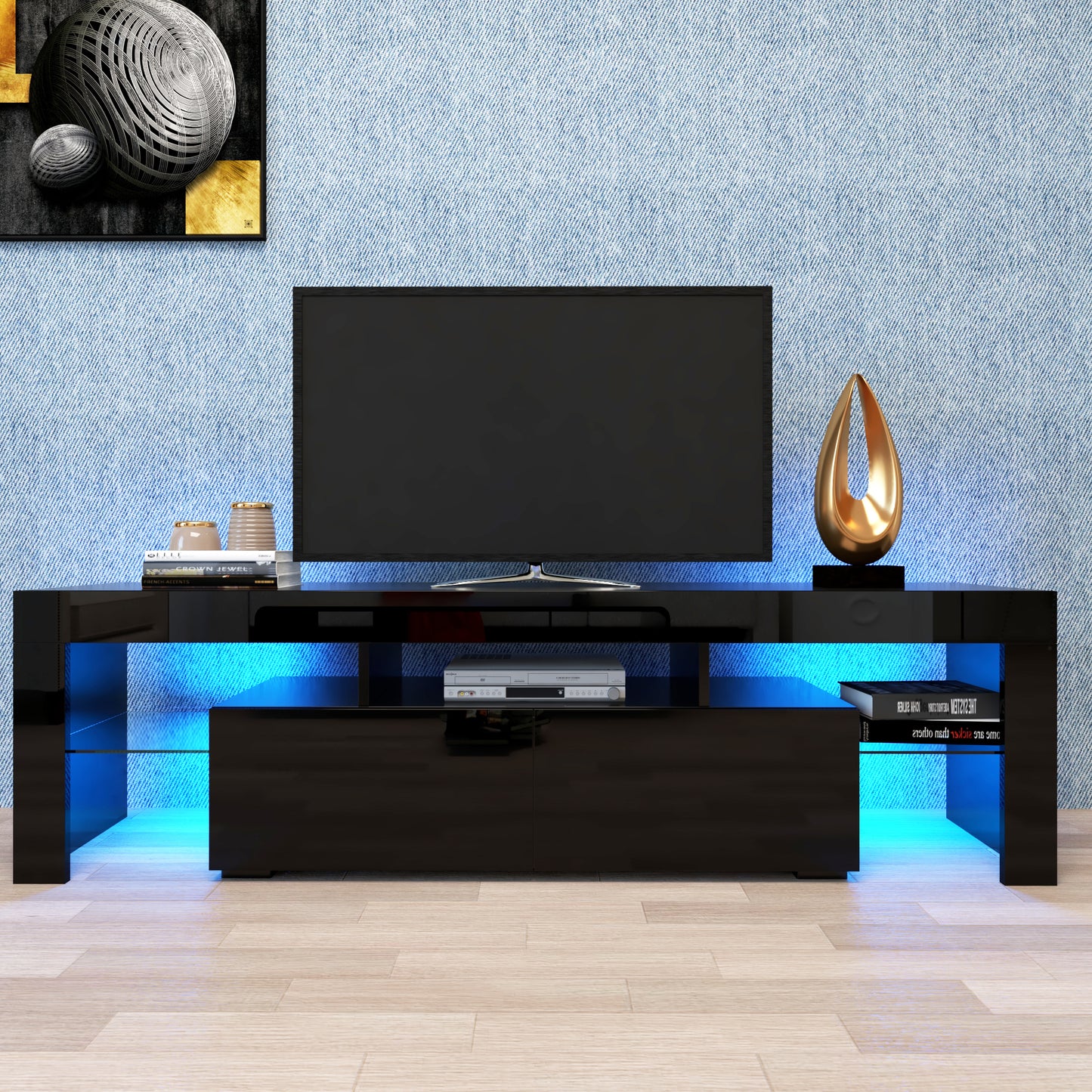 Sleek Black TV Stand with 20 Color LED Lights and Remote Control