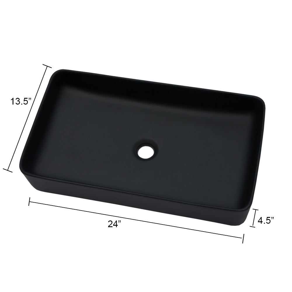 24"x13.5" Black Ceramic Rectangular Vessel Bathroom Sink