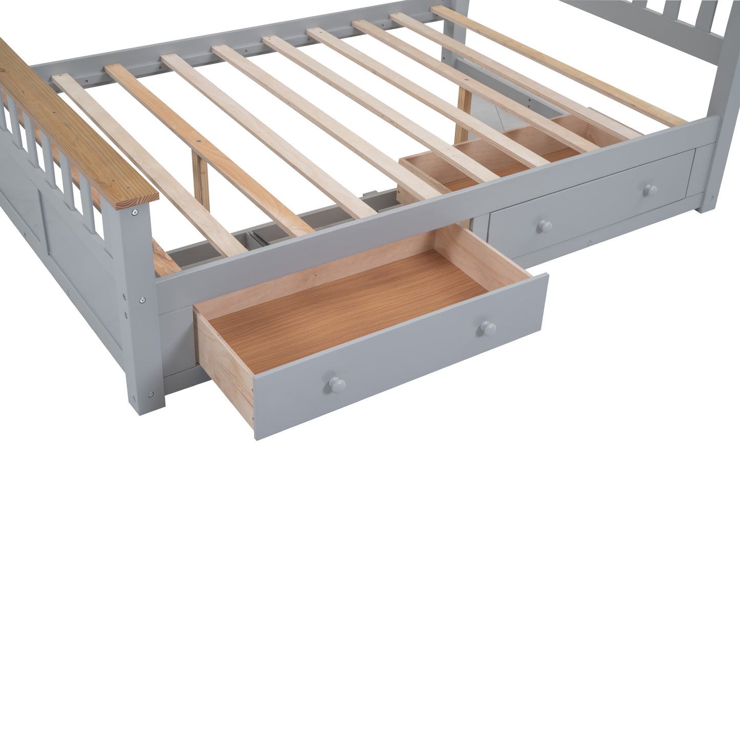 Full Size Wood Platform Bed with Two Drawers and Wooden Slat Support,Gray+Natrual