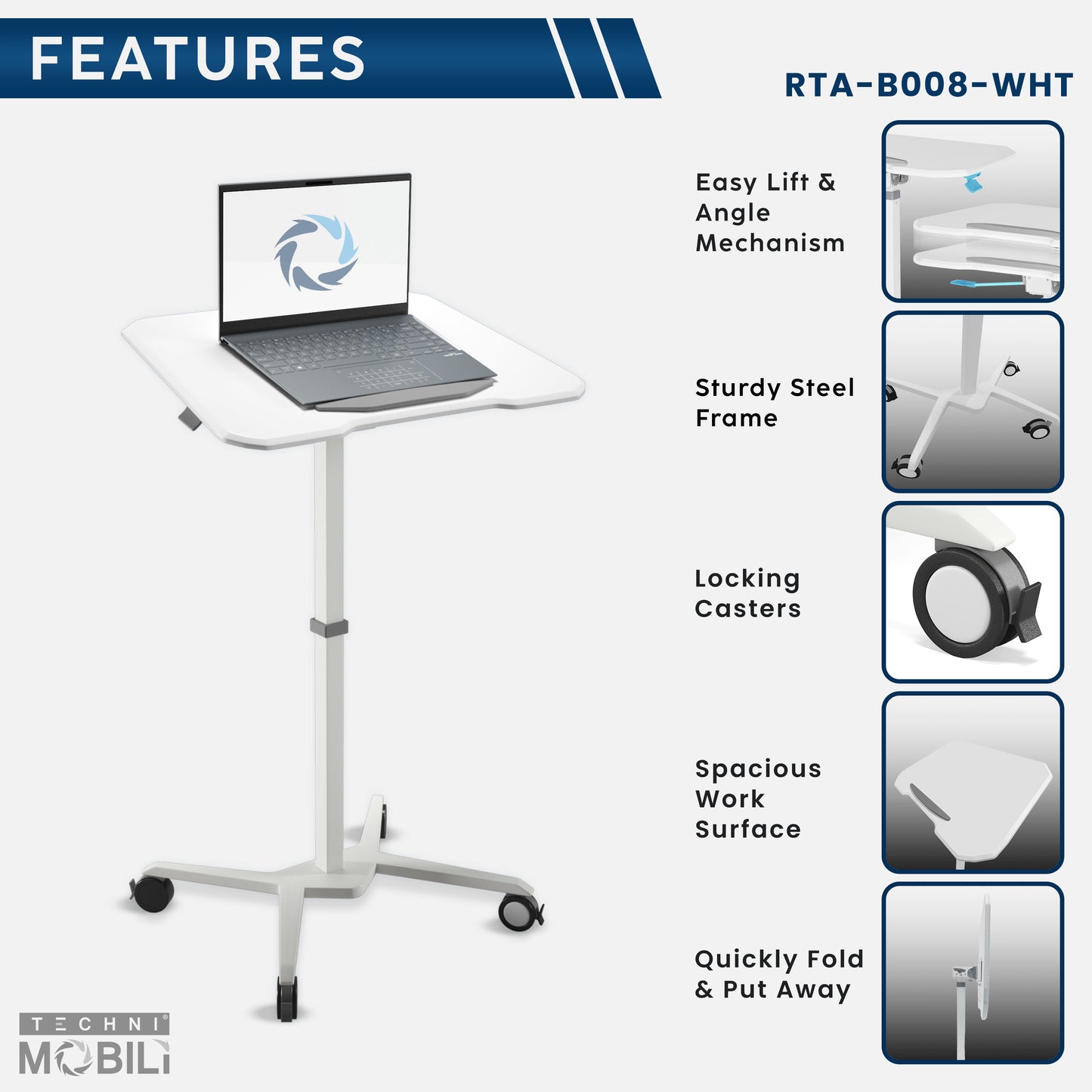 Adjustable White Laptop Stand with Tilt Tabletop and Rolling Mechanism