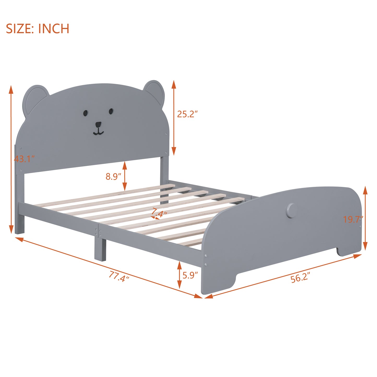 Full Size Wood Platform Bed with Bear-shaped Headboard and Footboard,Gray