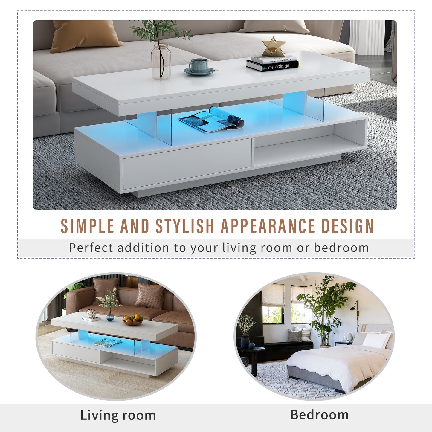 Modern LED Coffee Table with Storage Drawers and Display Shelves, Accent Furniture with Multicolor LED Lights