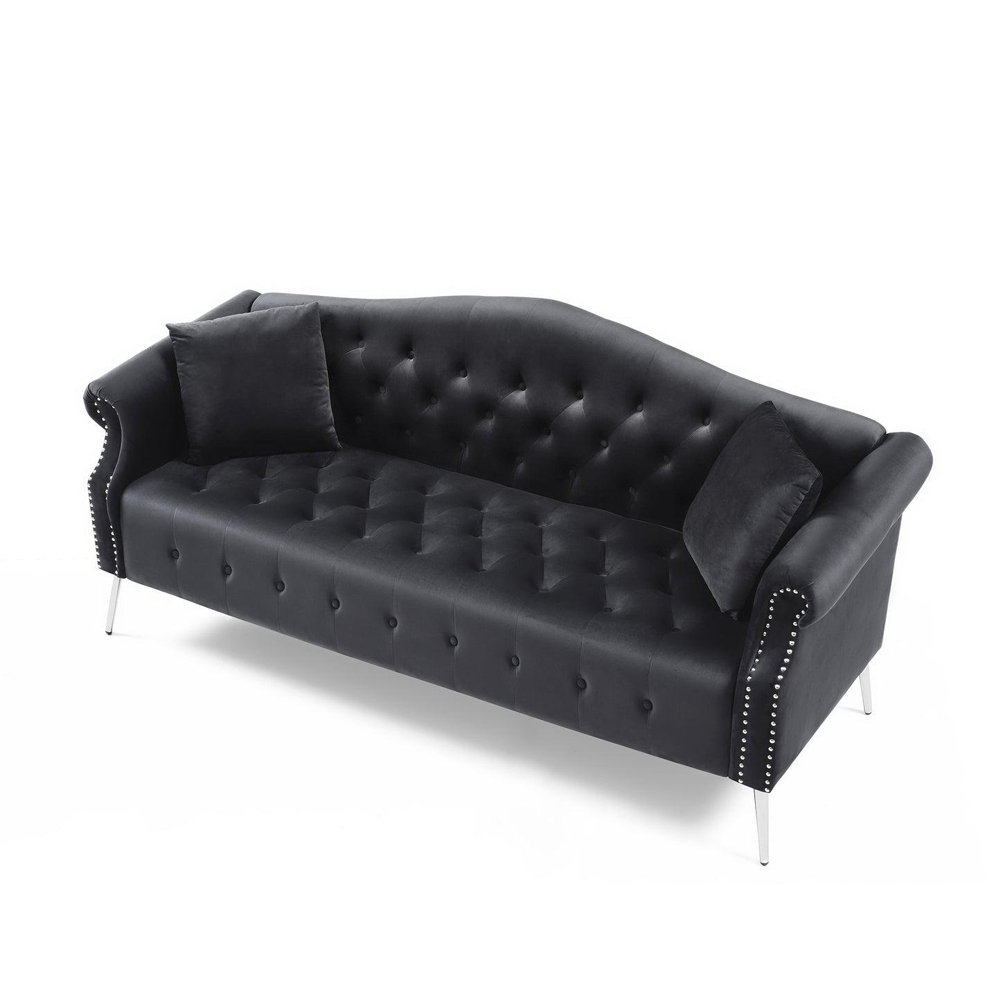 Classic Black Velvet Chesterfield Sofa Set with Rolled Arms and Silver Metal Legs