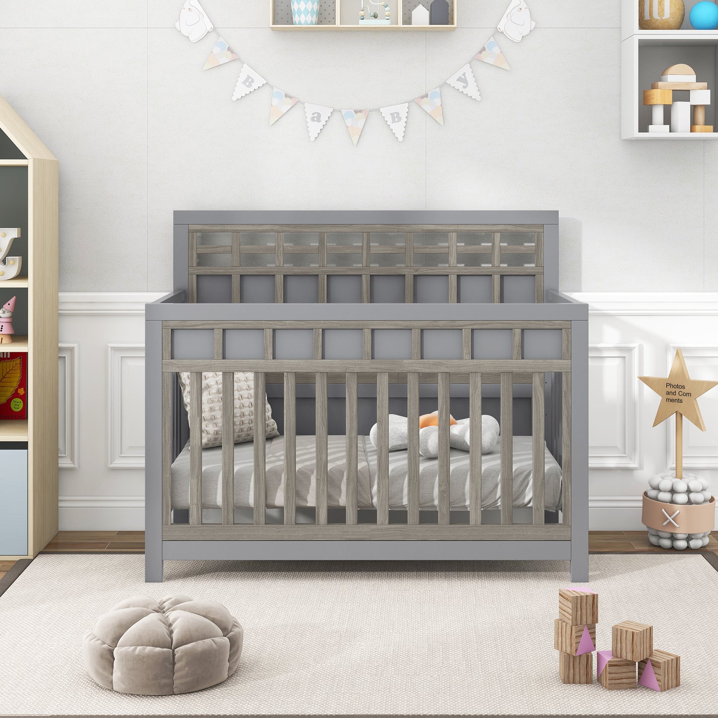 3 Pieces Nursery Sets Baby Crib and Changer Dreeser with Removable Changing Tray Bedroom Sets Gray