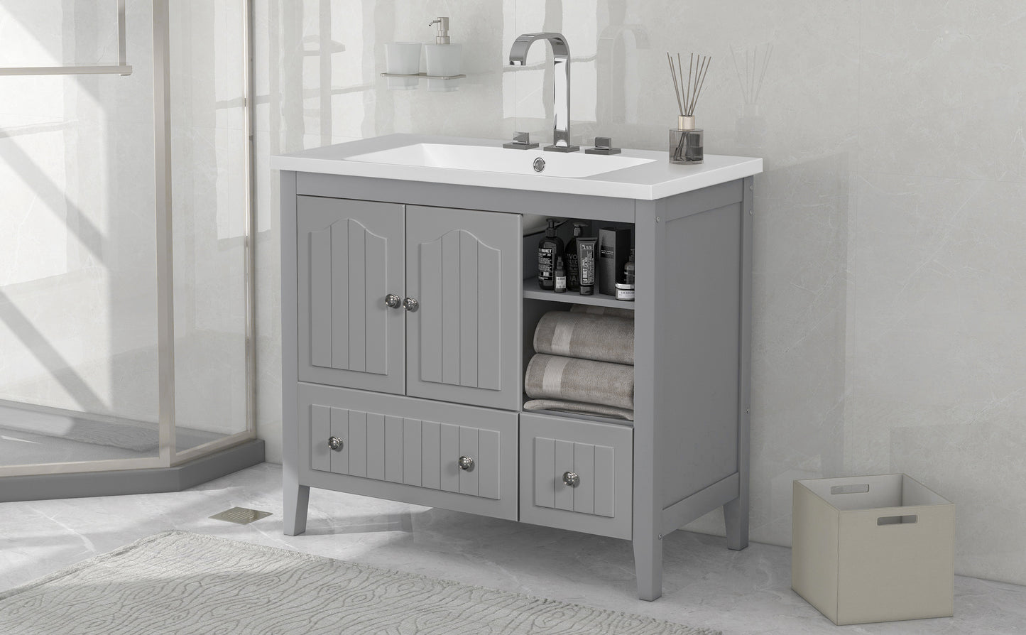 36" Bathroom Vanity with Ceramic Basin, Bathroom Storage Cabinet with Two Doors and Drawers, Solid Frame, Metal Handles, Grey