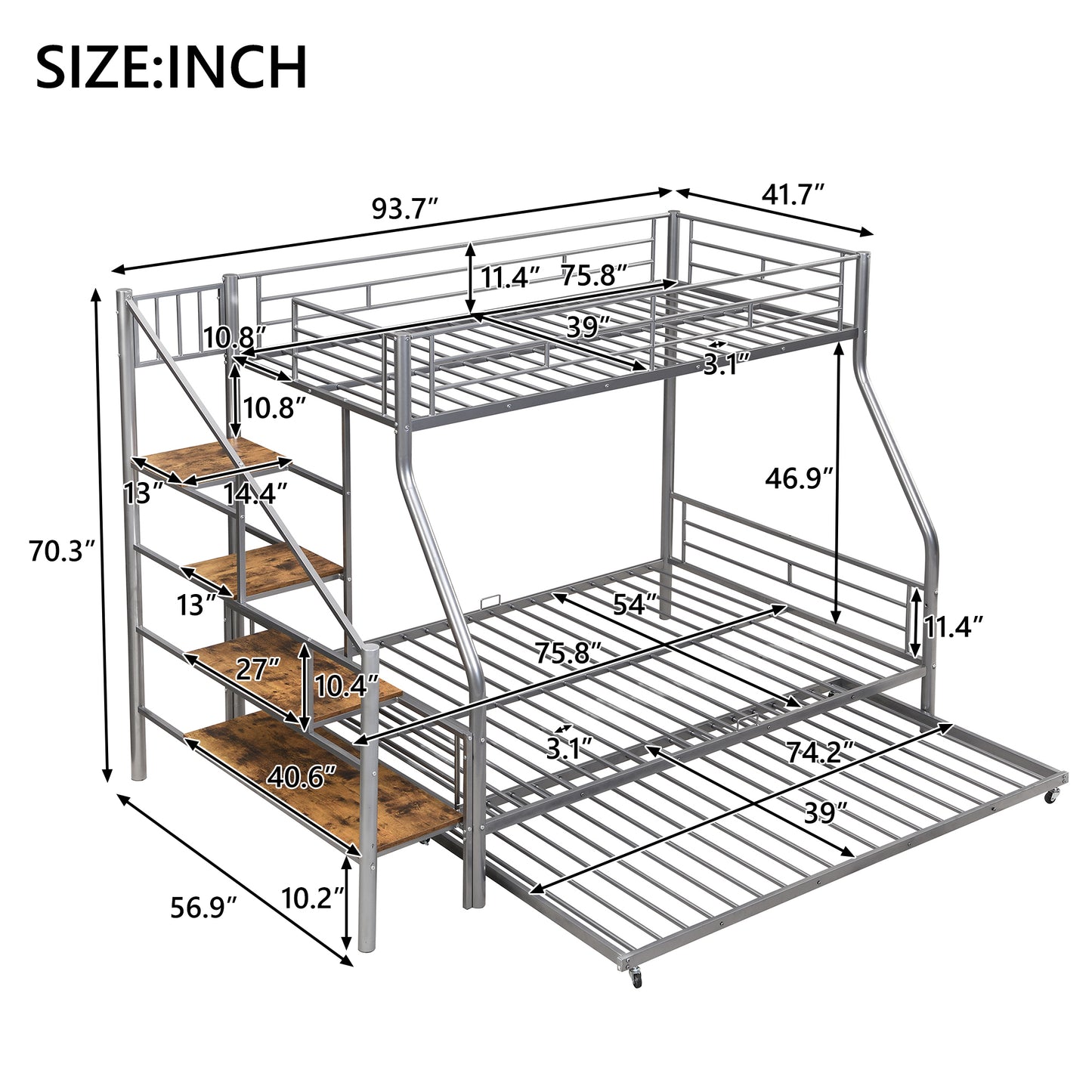 Silver Metal Bunk Bed with Trundle and Storage Staircase