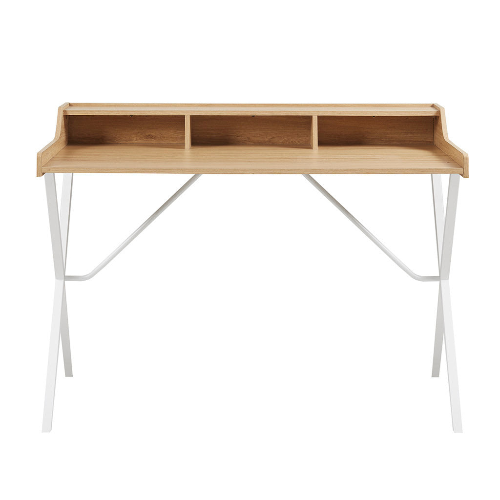 Modern White Writing Desk with Storage and Natural Finish