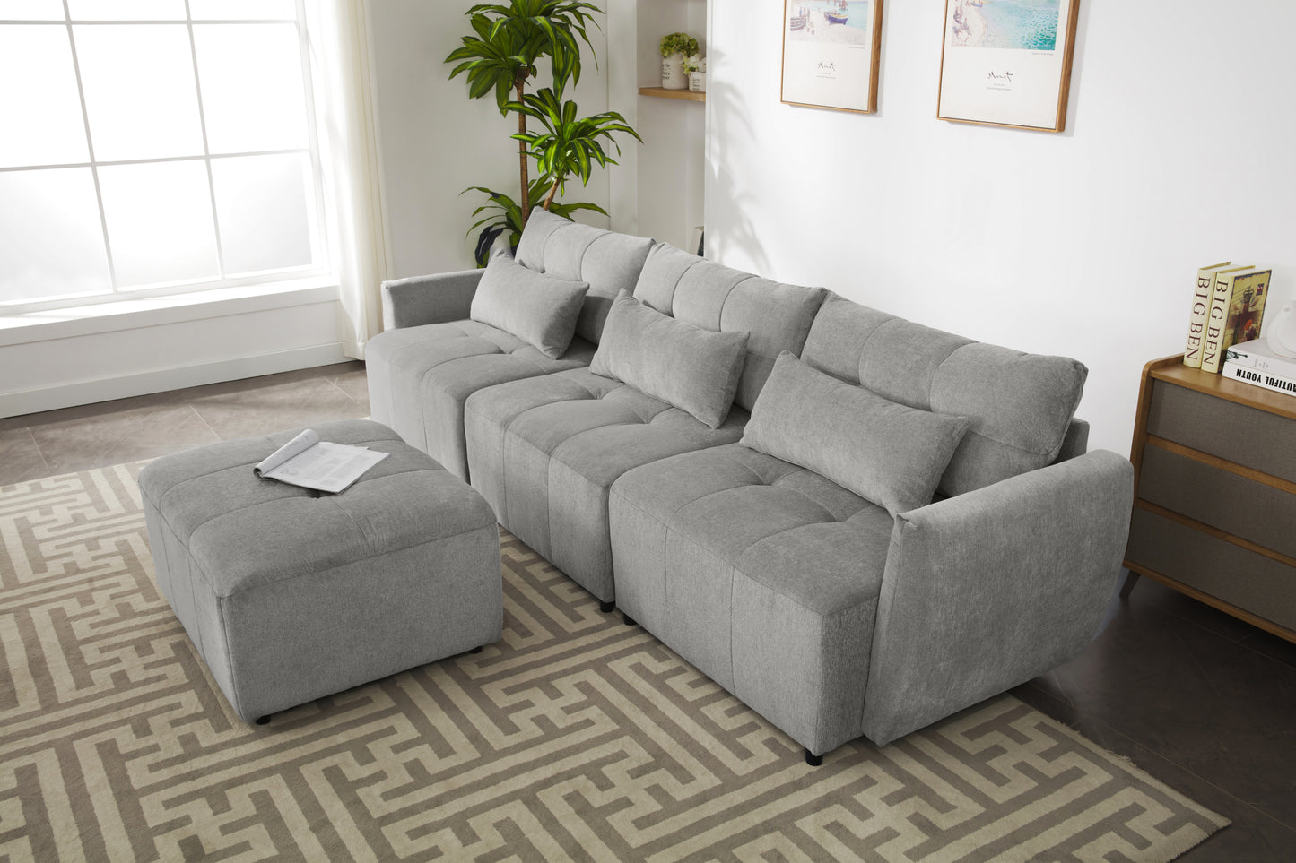 Convertible L-Shaped Sectional Sofa with Movable Ottoman and USB Ports