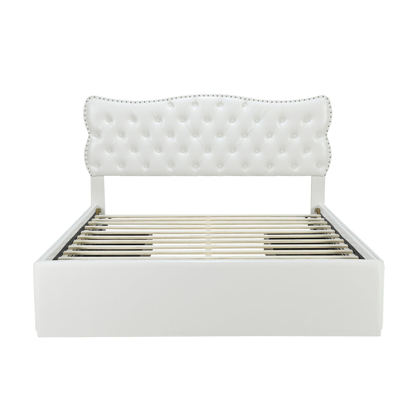 Full Size Bed Frame with 4 Storage Drawers,Leather Upholstered Platform Heavy Duty Bed,Wood Slat Support,White