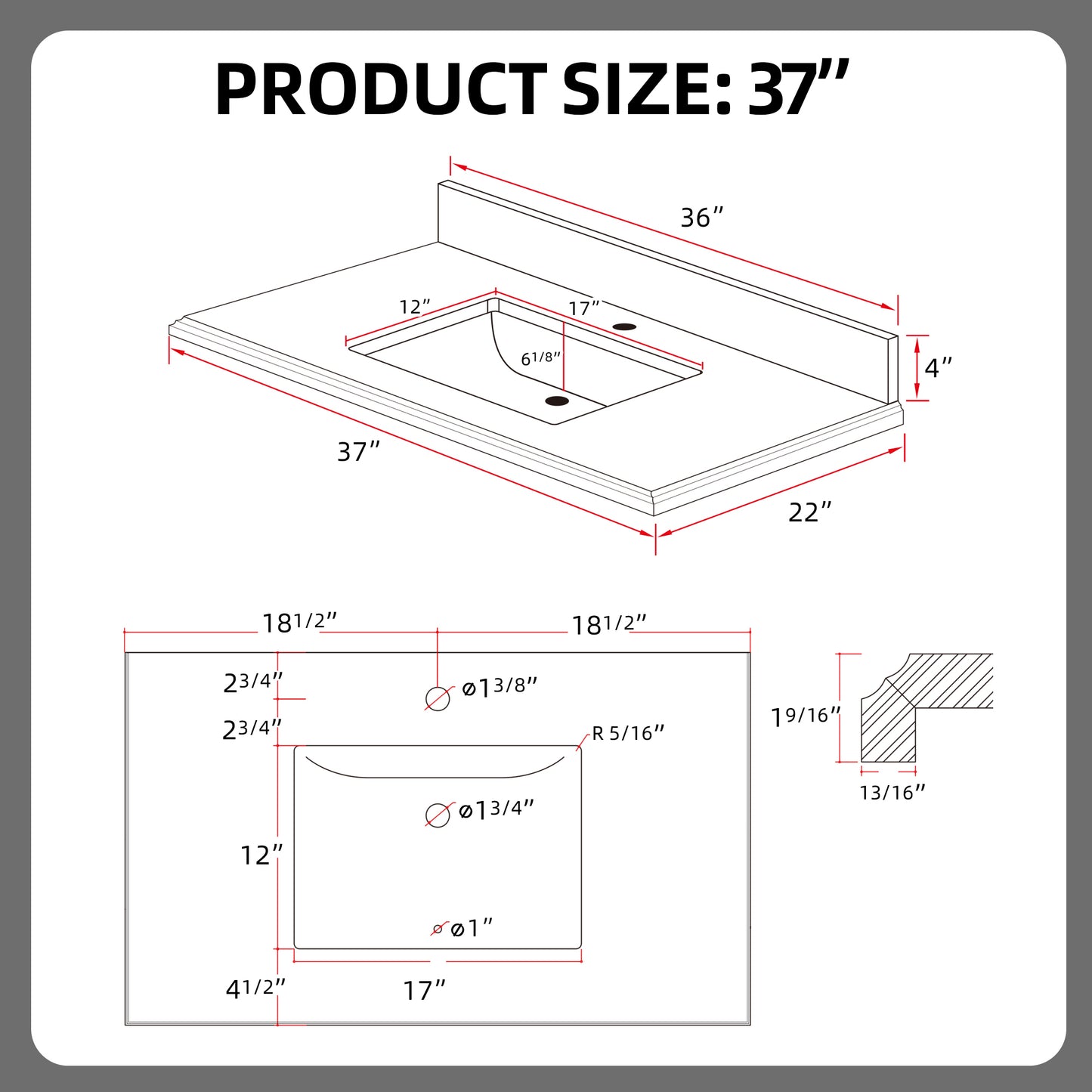 37 Inch Quartz Vanity Top with Undermounted Rectangular Ceramic Sink & Backsplash, White Calacatta Engineered Stone Countertop for Bathroom Kitchen Cabinet 1 Faucet Hole (not Include Cabinet)