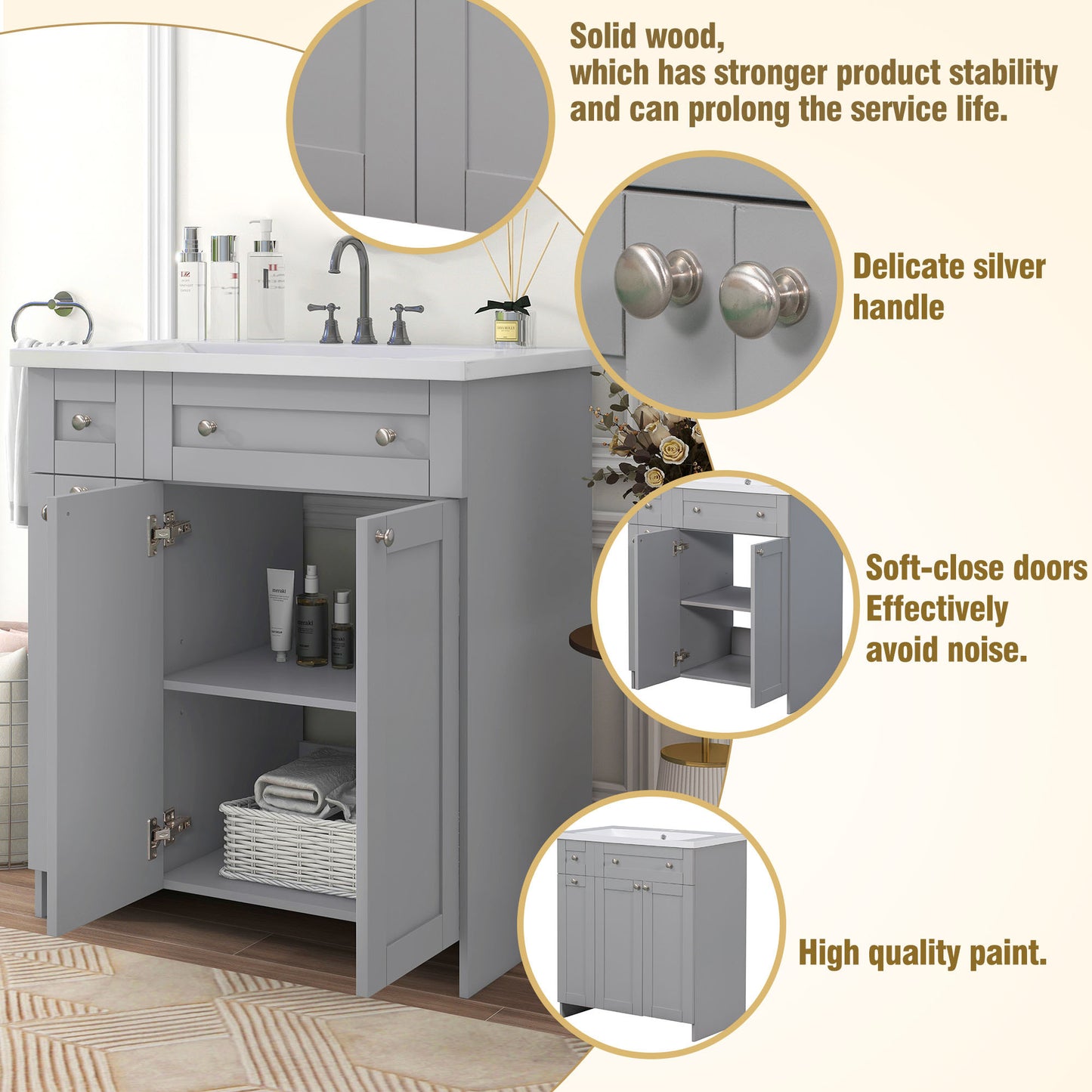 30" Bathroom vanity with Single Sink in grey,Combo Cabinet Undermount Sink,Bathroom Storage Cabinet