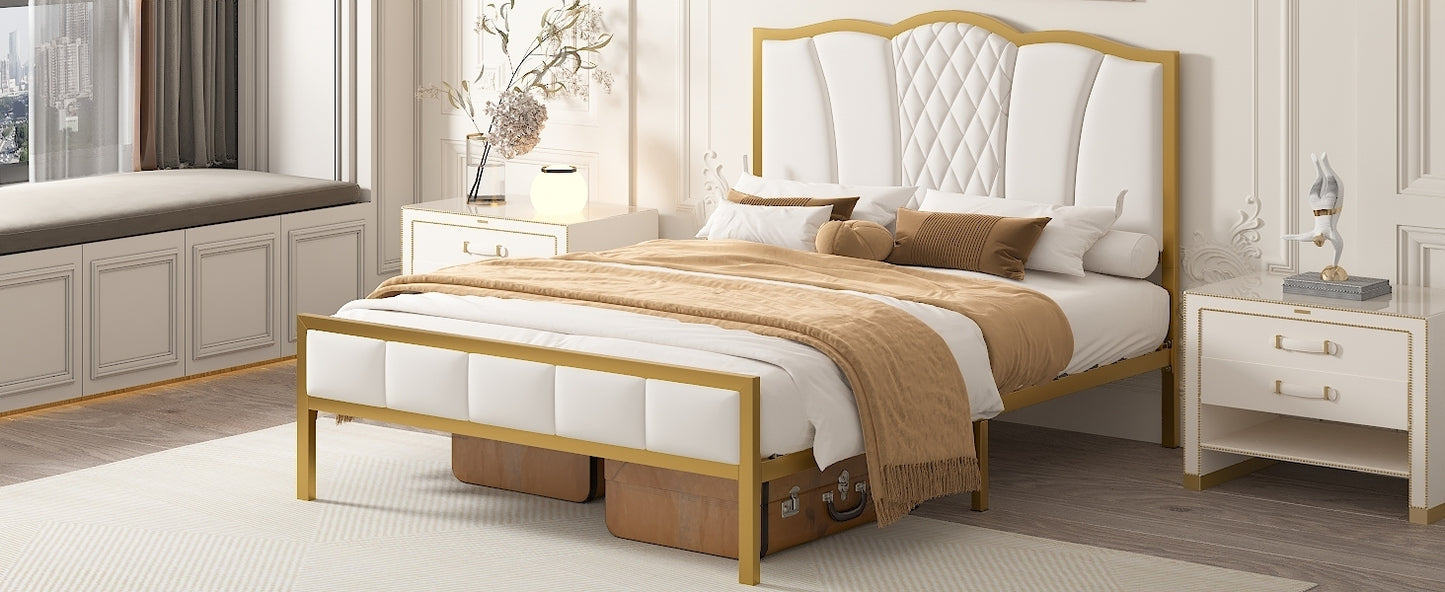 Full Size Bed Frame, Modern Upholstered Bed Frame with Tufted Headboard, Golden Metal Platform Bed Frame with Wood Slat Support, Noise Free, No Box Spring Needed,Beige