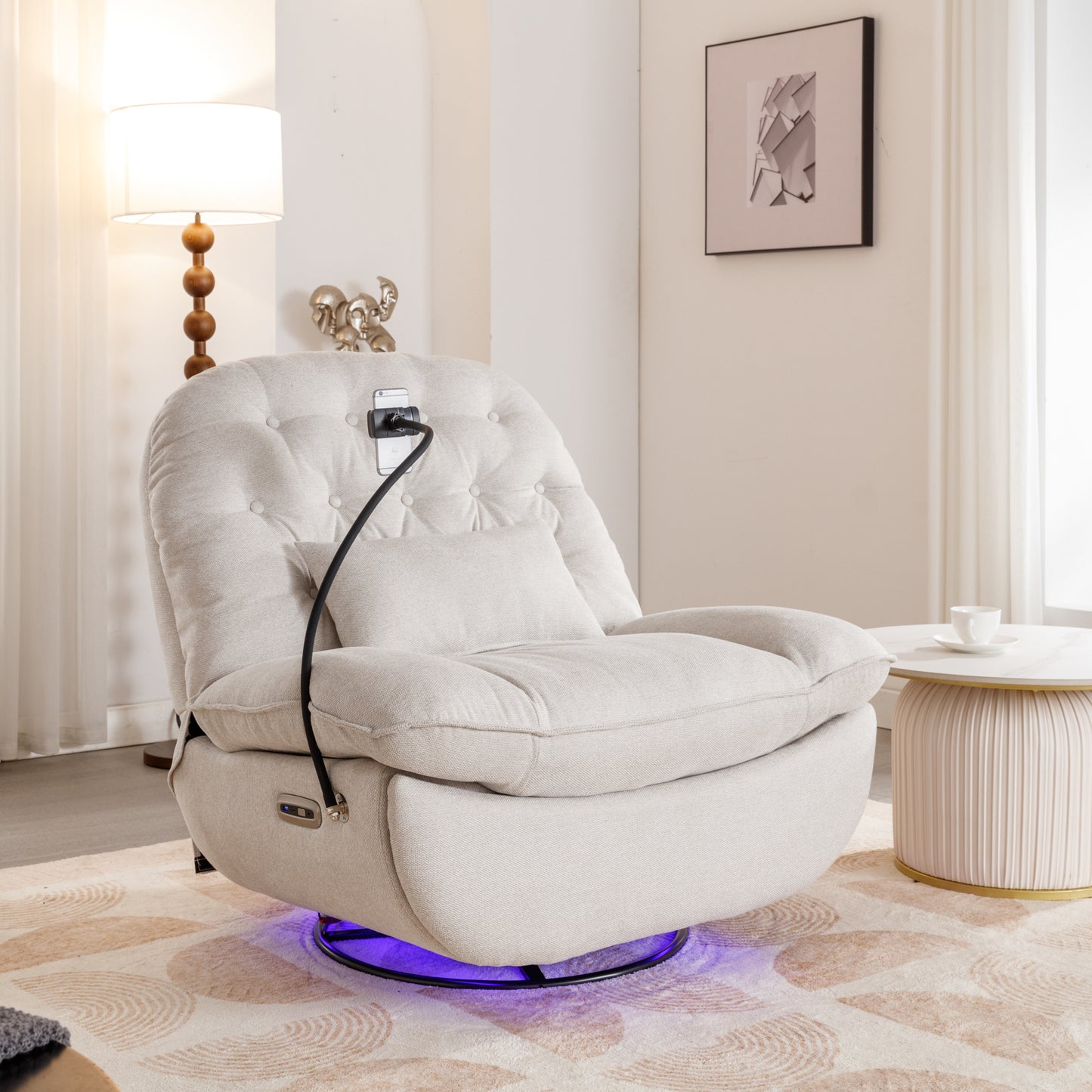 Smart Beige Power Recliner with Swivel, Voice Control, Bluetooth, USB Ports, Atmosphere Lamp, and Mobile Phone Holder