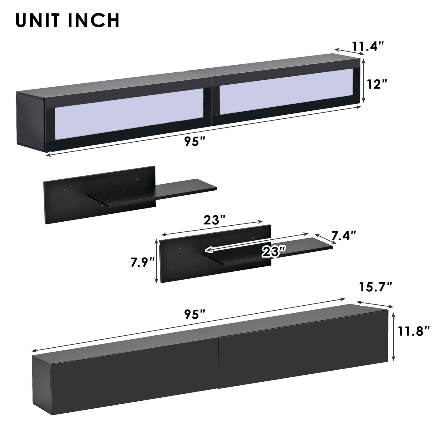 Modern Black Wall Mount Floating TV Stand with LED Lights and Media Storage